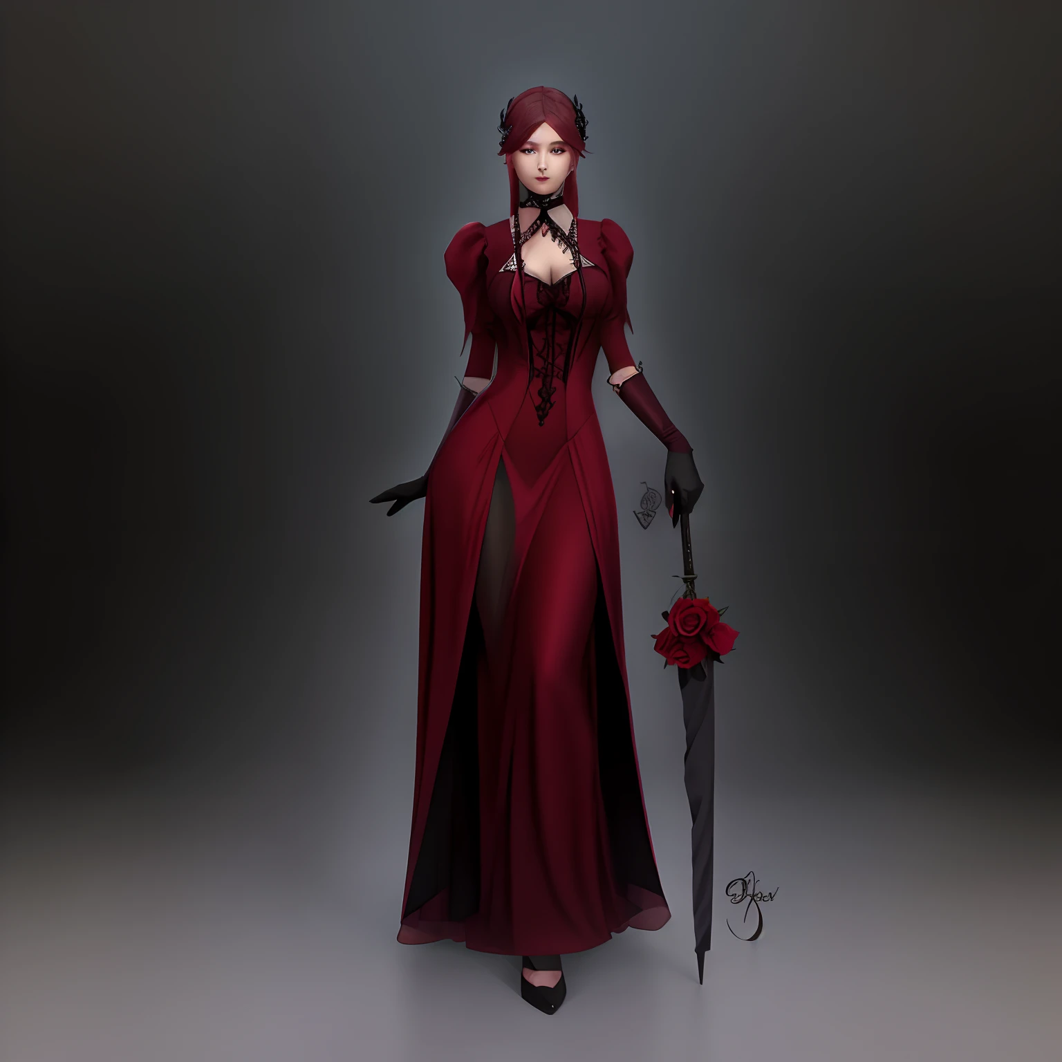 imagem arafed de uma mulher em um vestido vermelho segurando um guarda-chuva, design de personagens : : lo gothic, an elegant gothic princess, Phtoto em tons de cinza com vestido vermelho, wearing a gothic dress, inspirado em Louis Grell, design de roupas, d & d estilo retrato de corpo inteiro, gothic maiden, gothic maiden anime girl, Fantasia D&Personagem D, conceito de corpo inteiro
