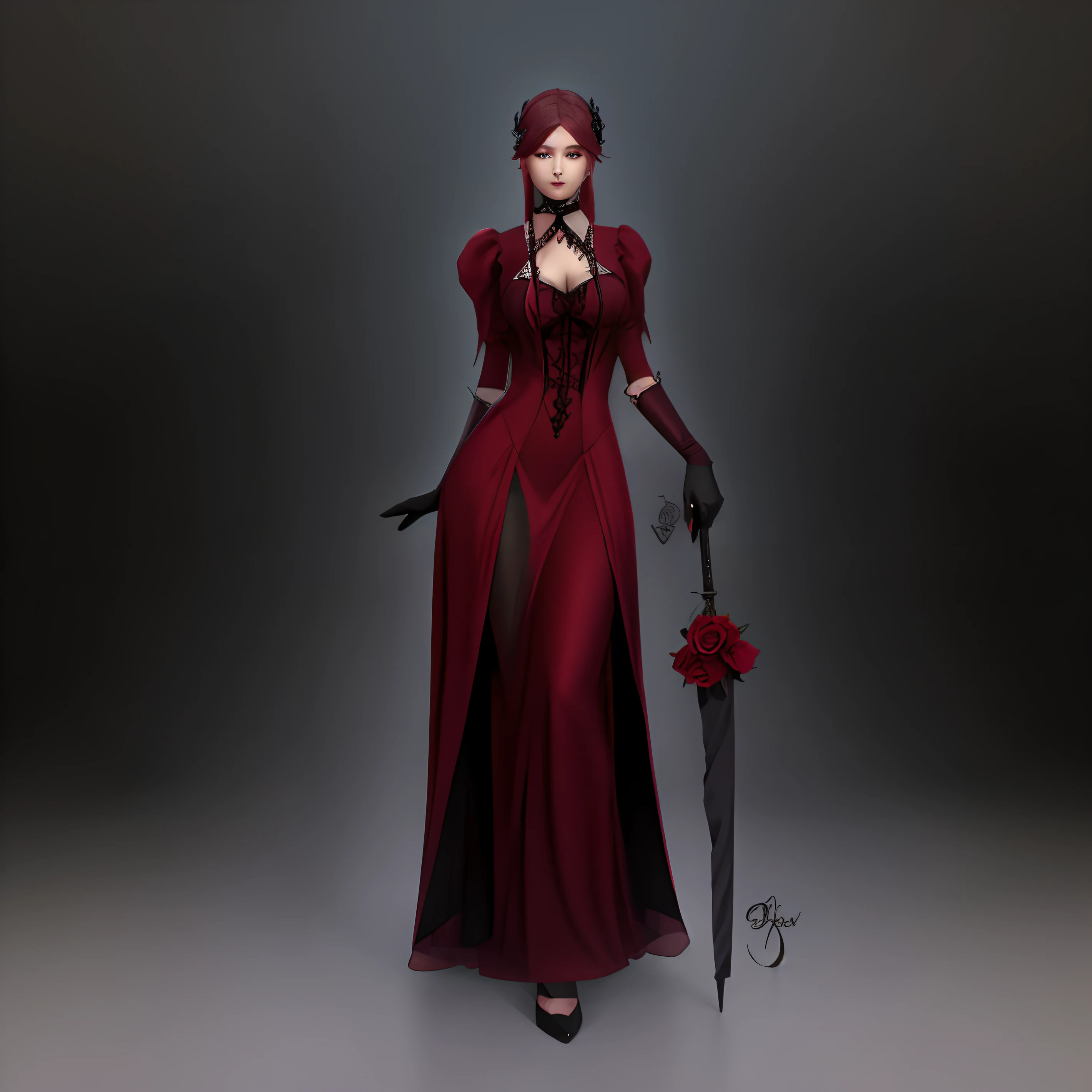 imagem arafed de uma mulher em um vestido vermelho segurando um guarda-chuva, design de personagens : : lo gothic, an elegant gothic princess, Phtoto em tons de cinza com vestido vermelho, wearing a gothic dress, inspirado em Louis Grell, design de roupas, d & d estilo retrato de corpo inteiro, gothic maiden, gothic maiden anime girl, Fantasia D&Personagem D, conceito de corpo inteiro