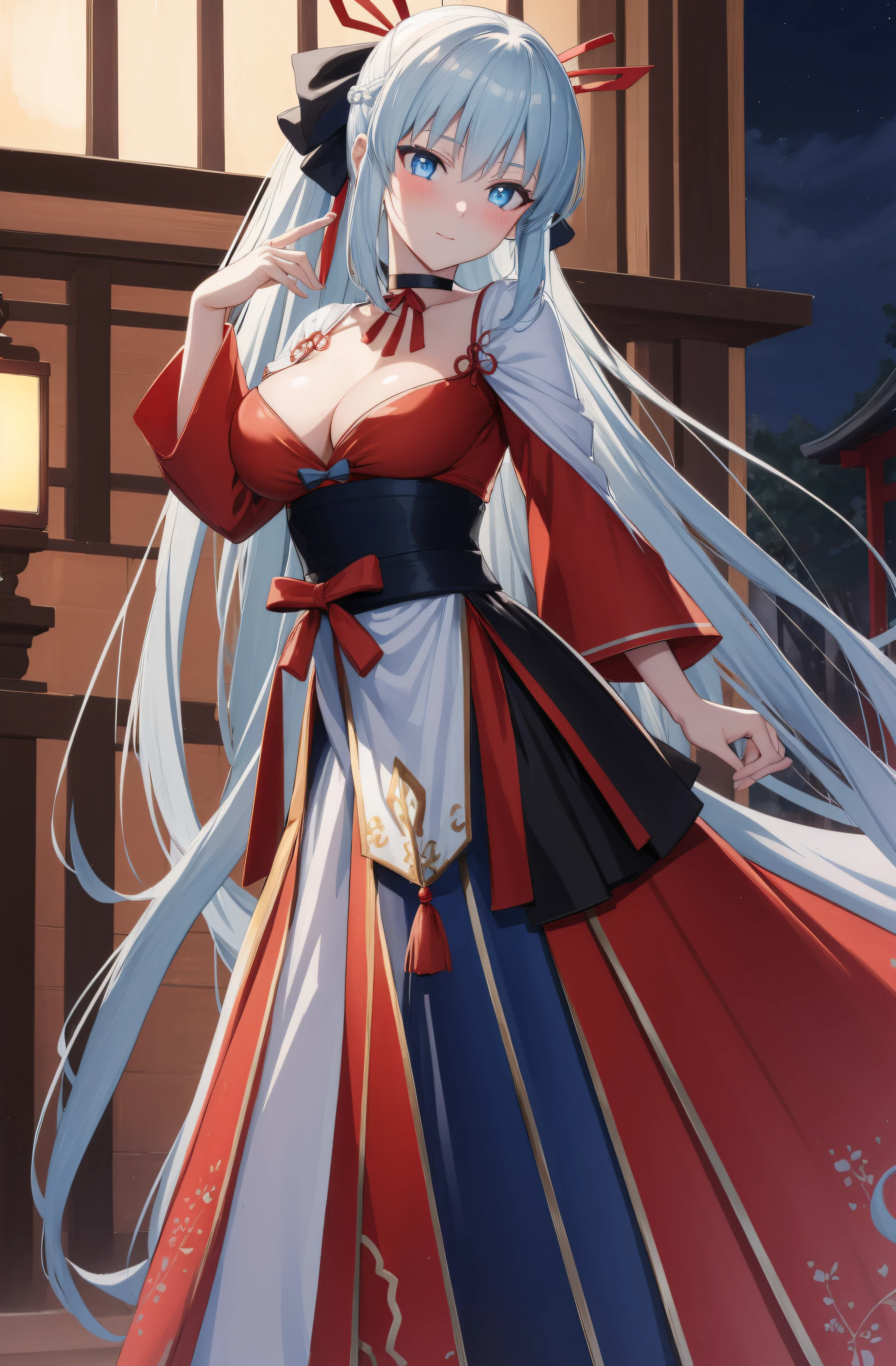 (night:1.7), east asian architecture,
Standing at attention,
red ribbon, red sleeves, ribbon,
morgan le fay, black bow, bow, light blue hair, blue eyes, choker, hair bow, hair ornament, long hair, ribbon,
1 girl, 20yo,mature female,Beautiful Finger,Beautiful body,Beautiful Nose,Beautiful character design, perfect eyes, perfect face,seductive anime girl.teasing smile,
looking at viewer,(innocent_big_eyes:1.0),(expressionless:1.3),
NSFW,official art,extremely detailed CG unity 8k wallpaper, perfect lighting,Colorful, Bright_Front_face_Lighting,
(masterpiece:1.0),(best_quality:1.0), ultra high res,4K,ultra-detailed,
photography, 8K, HDR, highres, absurdres:1.2, Kodak portra 400, film grain, blurry background, bokeh:1.2, lens flare, (vibrant_color:1.2)
(Beautiful,medium_Breasts:1.4), (beautiful_face:1.5),(narrow_waist),(perfect hands, perfect anatomy)