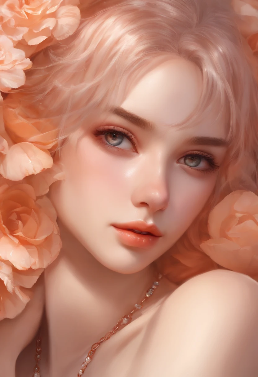 realistic, Beautiful detailed girl, clear and beautiful, Personage as the main perspective, shiny_skin, girl,woman,female, young,20 years old, medium hair, bangs, hair bun, sidelocks, orange hair, beautiful detailed Glass hair, pink streaked hair,beautiful detailed cold face, cold expression, complex details beautiful and delicate eyes, fingernails, medium_breasts, , orange eyes, Authentic skin texture, piercing, necklace, tank_top, short_shorts, knee_boots, bloom, extremely detailed CG unity 8k wallpaper, very fine 8KCG wallpapers, very fine 8K CG wallpaper,
