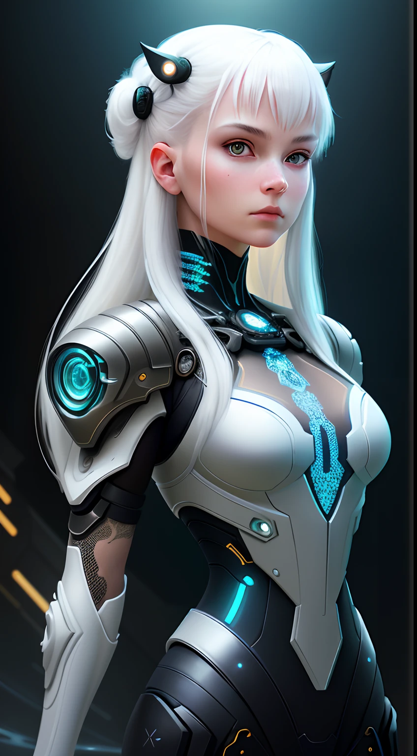 stunning photorealistic portrait photograph of a beautiful cyberpunk catgirl, albino, white shapeless cyberpunk hair, white eyebrows, full body, baroque intricate cyber armor, hyperdetailed painting, luminism, Bar lighting, complex, 4k resolution concept art portrait by Greg Rutkowski, Artgerm, WLOP, Alphonse Mucha, little fusion, realistic fantasy, fractal isometrics details bioluminescence, beautiful awesome, 3d render, octane render, intricately detailed, cinematic, trending on artstation | Isometric | Centered hypereallistic cover photo awesome full color, hand drawn, dark, gritty, realistic mucha, klimt, 12k