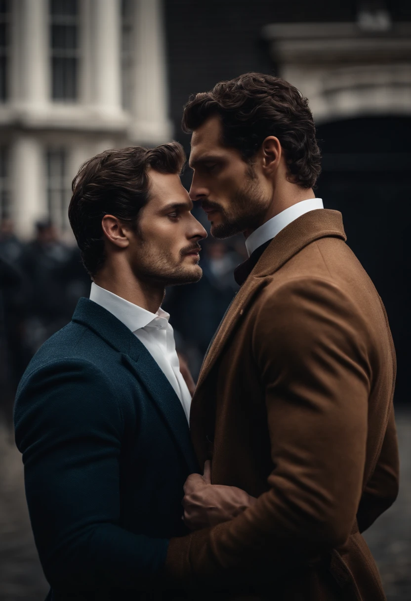 Jamie Dornan/Henry Cavill lookalike, and Henry Cavill/David Gandy lookalike, standing in London kissing each other passionately