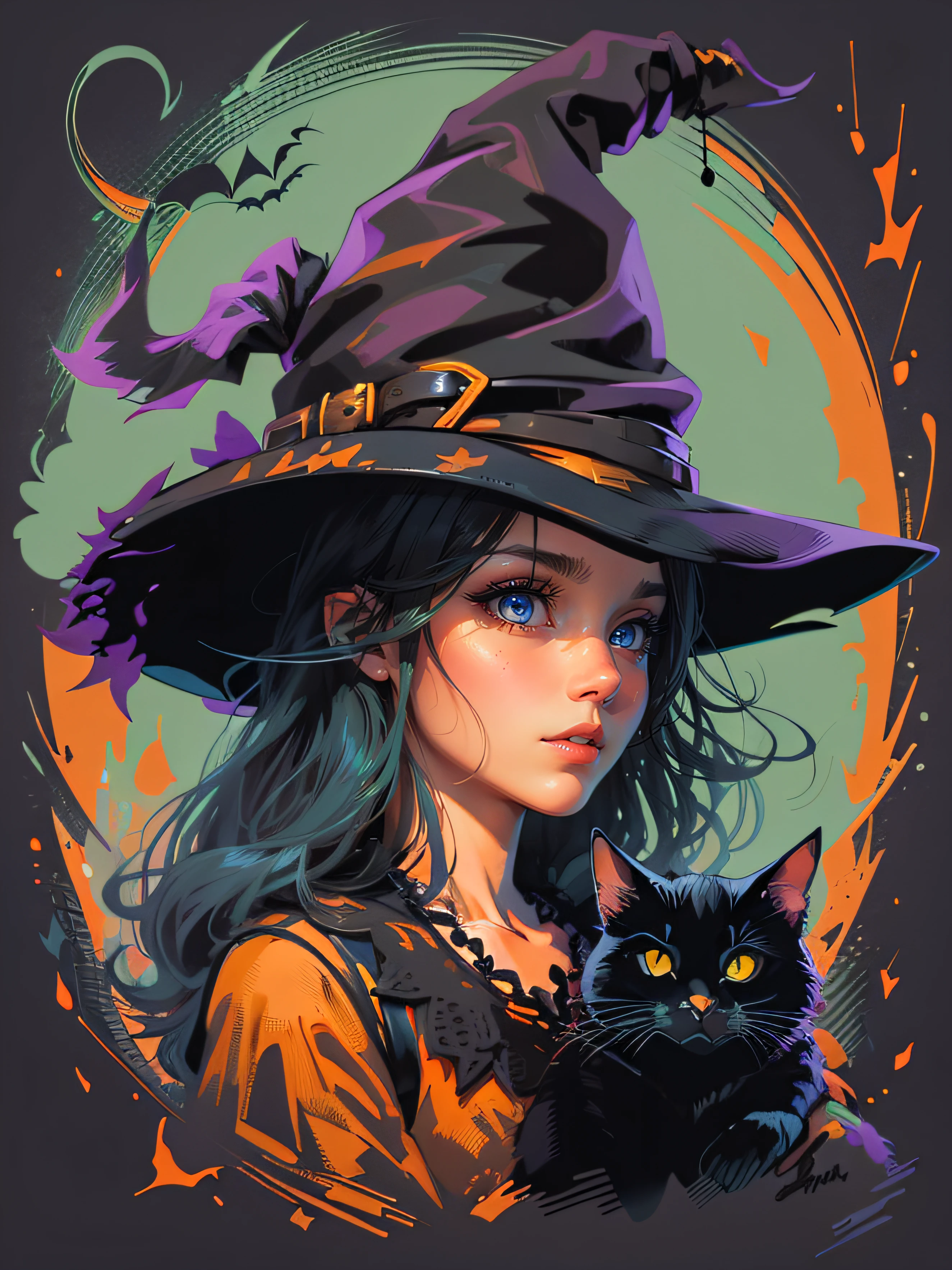 High quality design vector style image, t-shirt print style, graphic art white background of a Halloween style witch, bright and realistic colors, old style witch with a pointy hat, nose with a wart and a black cat at her side, fantasy style scenery halloween