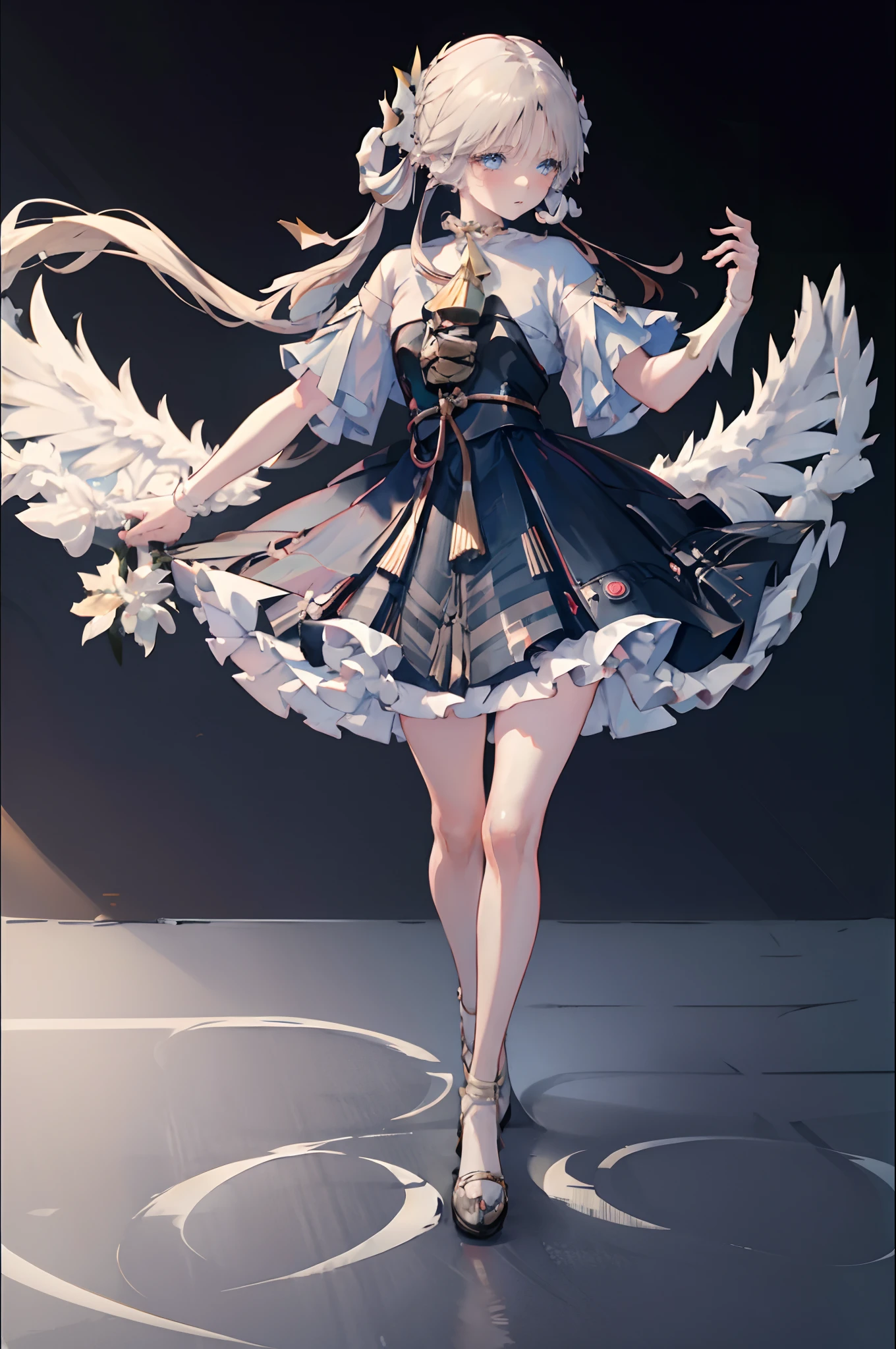 street, rating: safe, 1girl, long_hair, white_hair, blue_eyes, black_pantyhose, white_dress, makeup, nine_tails, solo, skirt, collar, short_sleeves, (Impressionism: 1.4), angel_wings