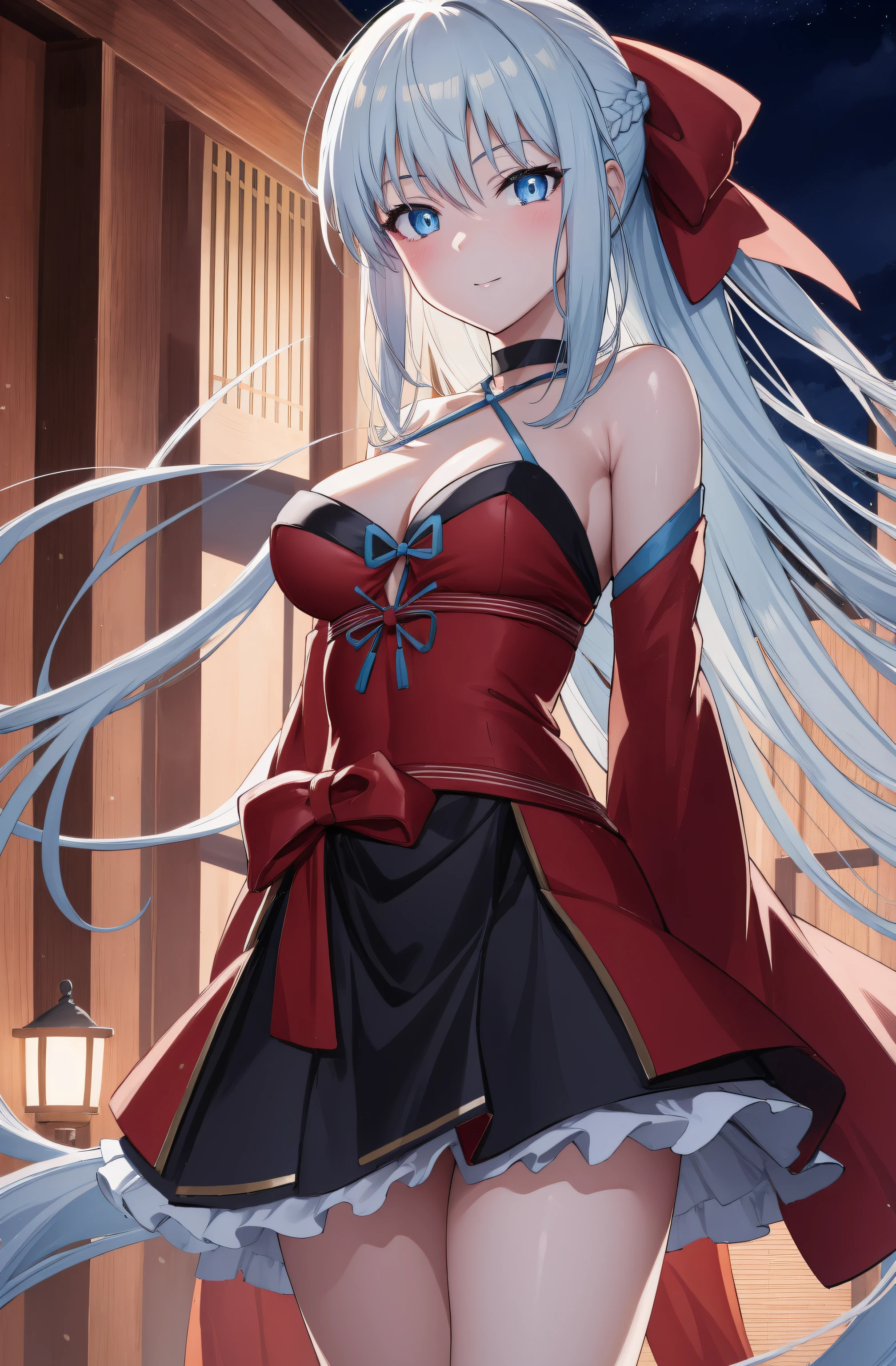 (night:1.7), east asian architecture,
Standing at attention,
red ribbon, red sleeves, ribbon,
morgan le fay, black bow, bow, light blue hair, blue eyes, choker, hair bow, hair ornament, long hair, ribbon,
1 girl, 20yo,mature female,Beautiful Finger,Beautiful body,Beautiful Nose,Beautiful character design, perfect eyes, perfect face,seductive anime girl.teasing smile,
looking at viewer,(innocent_big_eyes:1.0),(expressionless:1.3),
NSFW,official art,extremely detailed CG unity 8k wallpaper, perfect lighting,Colorful, Bright_Front_face_Lighting,
(masterpiece:1.0),(best_quality:1.0), ultra high res,4K,ultra-detailed,
photography, 8K, HDR, highres, absurdres:1.2, Kodak portra 400, film grain, blurry background, bokeh:1.2, lens flare, (vibrant_color:1.2)
(Beautiful,medium_Breasts:1.4), (beautiful_face:1.5),(narrow_waist),(perfect hands, perfect anatomy)