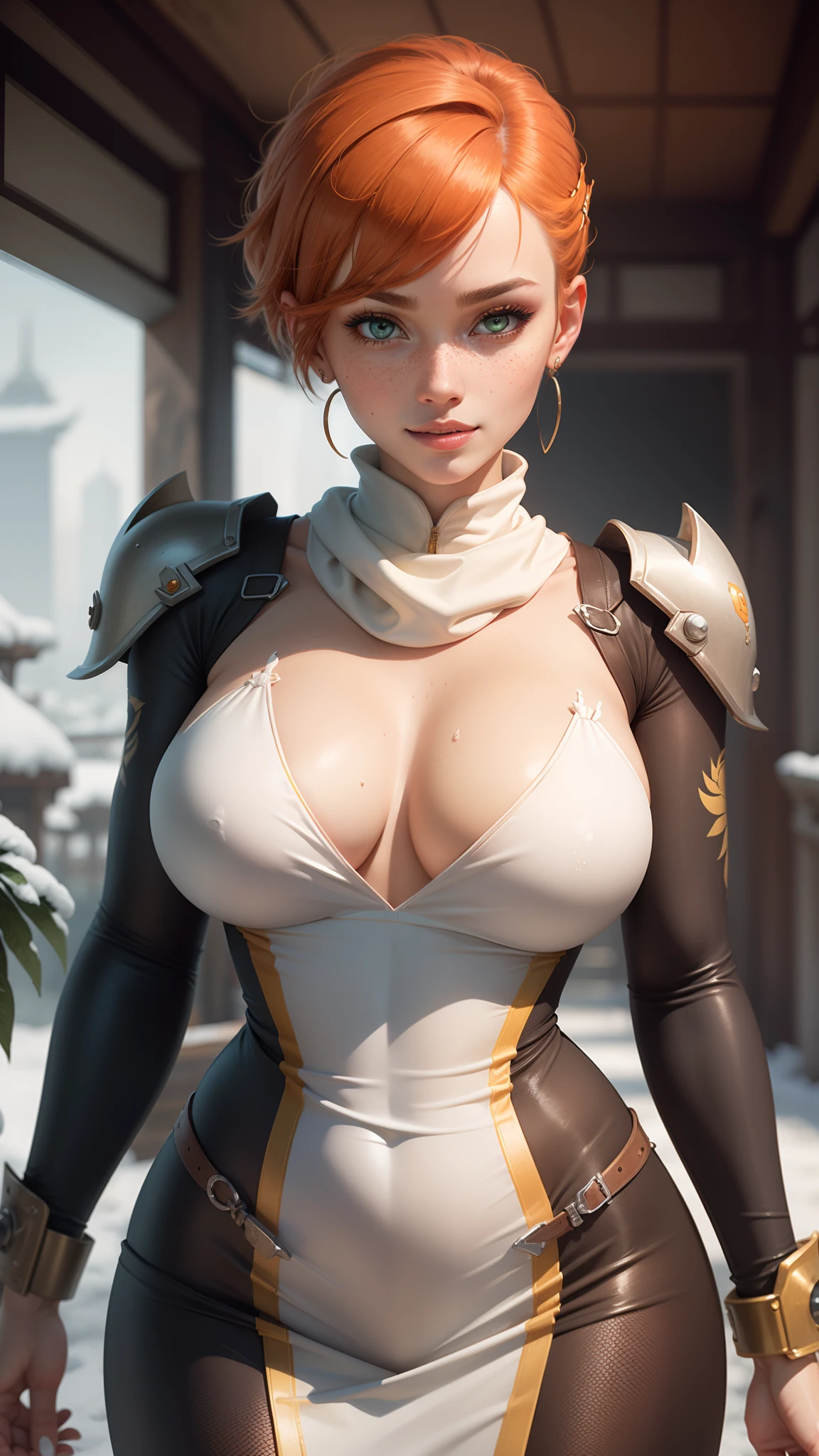 gwen tennyson,tracer,chun-li,rebecca chambers,overwatch,gundam,1girl,close up,mecha pilot,chinese garden,orange and gold long dress,plugsuit,pirate corset,silver long sleeve lycra top,silver leggings,short hair,cute makeup,green eyes,orange and gold hair,shy smile,hair pin,freckles,redhead,beautiful girl,large breasts,ultra detailed,realistic,fantasy art,chinese dress,steel armor,snow scarf, aqua earrings,wet shirt,