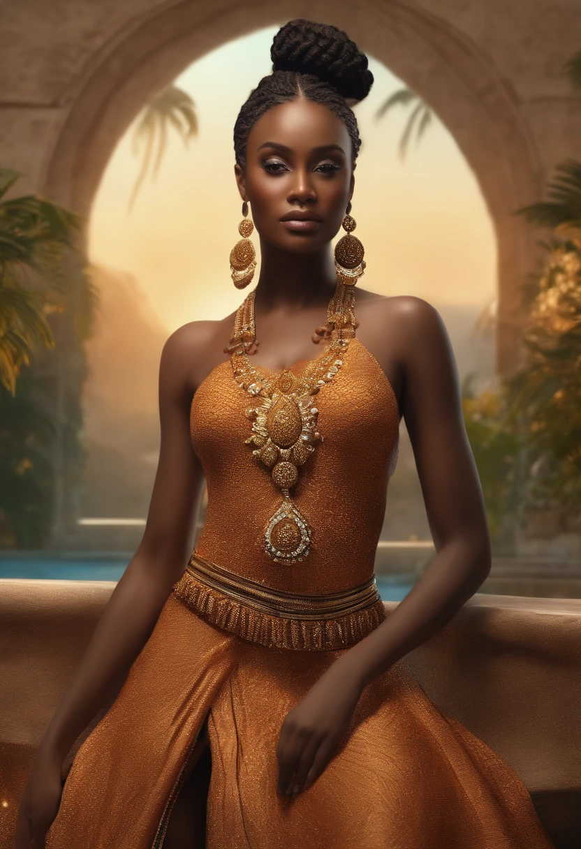 A cheerful 32-year-old woman with wavy red hair and black skin is wearing golden formal clothes, com tons laranja e detalhes amarelados. She exudes confidence and relaxation, using gold accessories that gently tinkle. His posture is stripped down and confident, ready for imaginary adventures. Despite the formal appearance, Their clothes are adapted for imaginary combat, enquanto seu olhar curioso e aventureiro a define como uma jovem destemida.