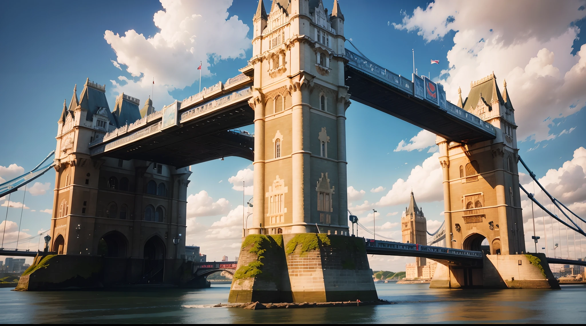 British tower and bridge and a whole British surreal setting, animado