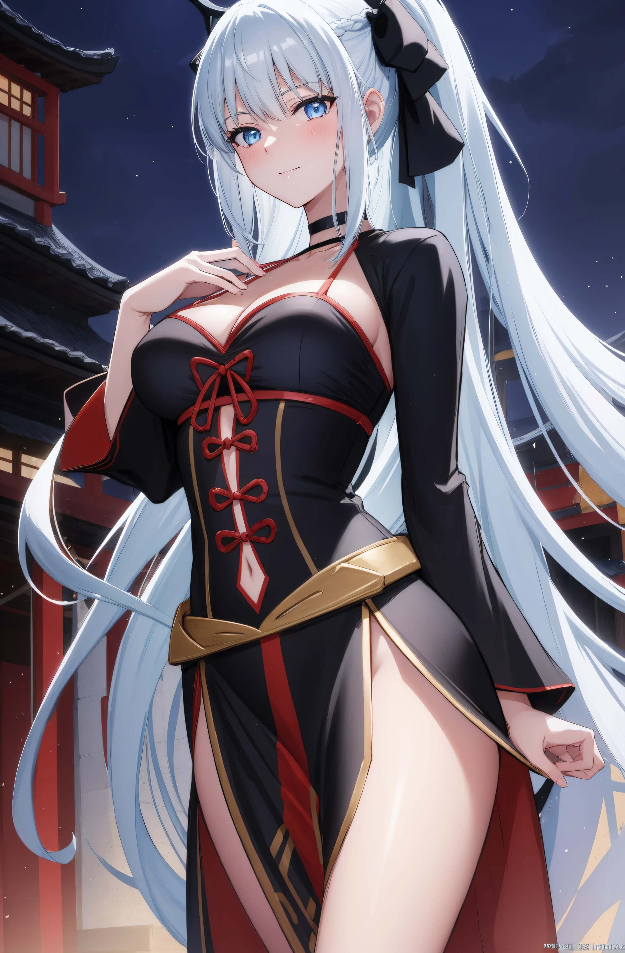 (night:1.7), east asian architecture,
Standing at attention,
red ribbon, red sleeves, ribbon,
morgan le fay, black bow, bow, light blue hair, blue eyes, choker, hair bow, hair ornament, long hair, ribbon,
1 girl, 20yo,mature female,Beautiful Finger,Beautiful body,Beautiful Nose,Beautiful character design, perfect eyes, perfect face,seductive anime girl.teasing smile,
looking at viewer,(innocent_big_eyes:1.0),(expressionless:1.3),
NSFW,official art,extremely detailed CG unity 8k wallpaper, perfect lighting,Colorful, Bright_Front_face_Lighting,
(masterpiece:1.0),(best_quality:1.0), ultra high res,4K,ultra-detailed,
photography, 8K, HDR, highres, absurdres:1.2, Kodak portra 400, film grain, blurry background, bokeh:1.2, lens flare, (vibrant_color:1.2)
(Beautiful,medium_Breasts:1.4), (beautiful_face:1.5),(narrow_waist),(perfect hands, perfect anatomy)