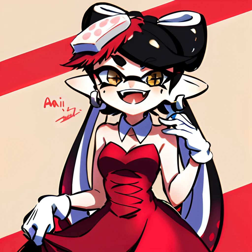 masterpiece, best quality, callie, splatoon, happy, red prom dress, long hair, tentacle hair