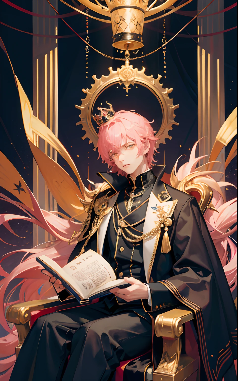 masterpiece, top quality, best quality, official art, beautiful and aesthetic:1.2), book cove (1man), male, teen man, young man, man of 16, extreme detailed,(fractal art:1.3),colorful,highest detailed, pink hair, short hair, yellow golden eyes, highly detailed eyes, glowing golden eyes, prince, thin, sitting, holding crown, abstract dark background, upper body