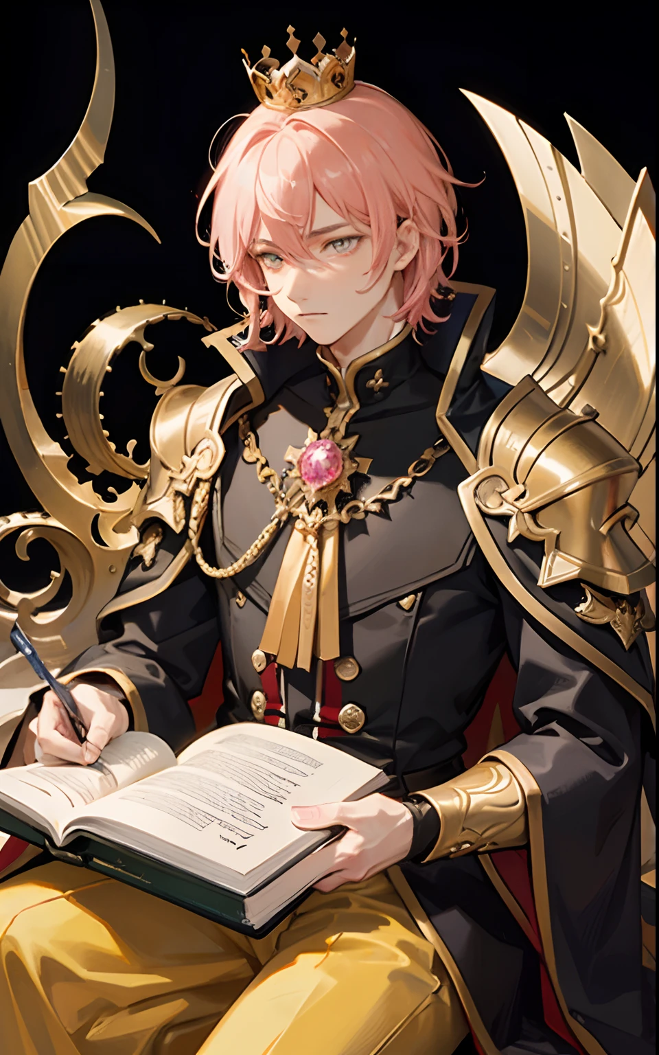 masterpiece, top quality, best quality, official art, beautiful and aesthetic:1.2), book cove (1man), male, teen man, young man, man of 16, extreme detailed,(fractal art:1.3),colorful,highest detailed, pink hair, short hair, yellow golden eyes, highly detailed eyes, glowing golden eyes, prince, thin, sitting, holding crown, abstract dark background, upper body