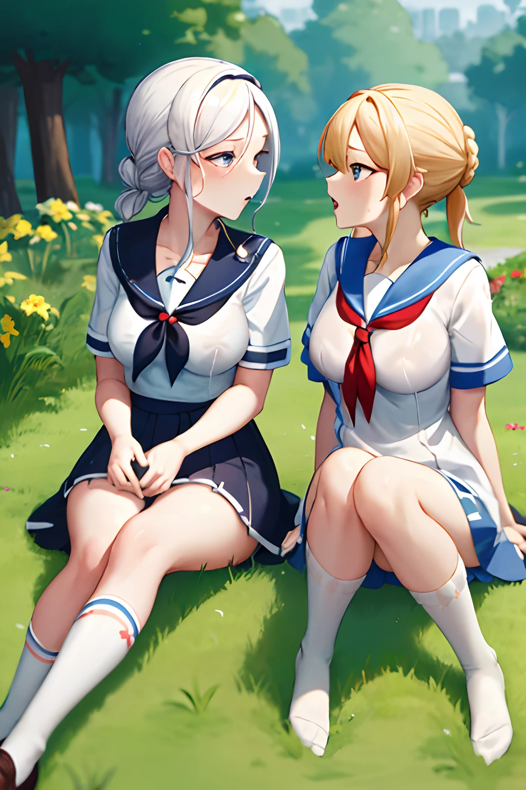 masterpiece, best quality, highres, chl1, 2 women, twin sisters, long platinum blonde hair braided in a ponytail, (ahoge:1.1), dress, sailor school uniform, blue knee-high socks, collared dress, collarbone, eyelashes, short sleeves, neck tassel,  wariza, rain, sitting, grass, garden, Pokémon go \(basic\),