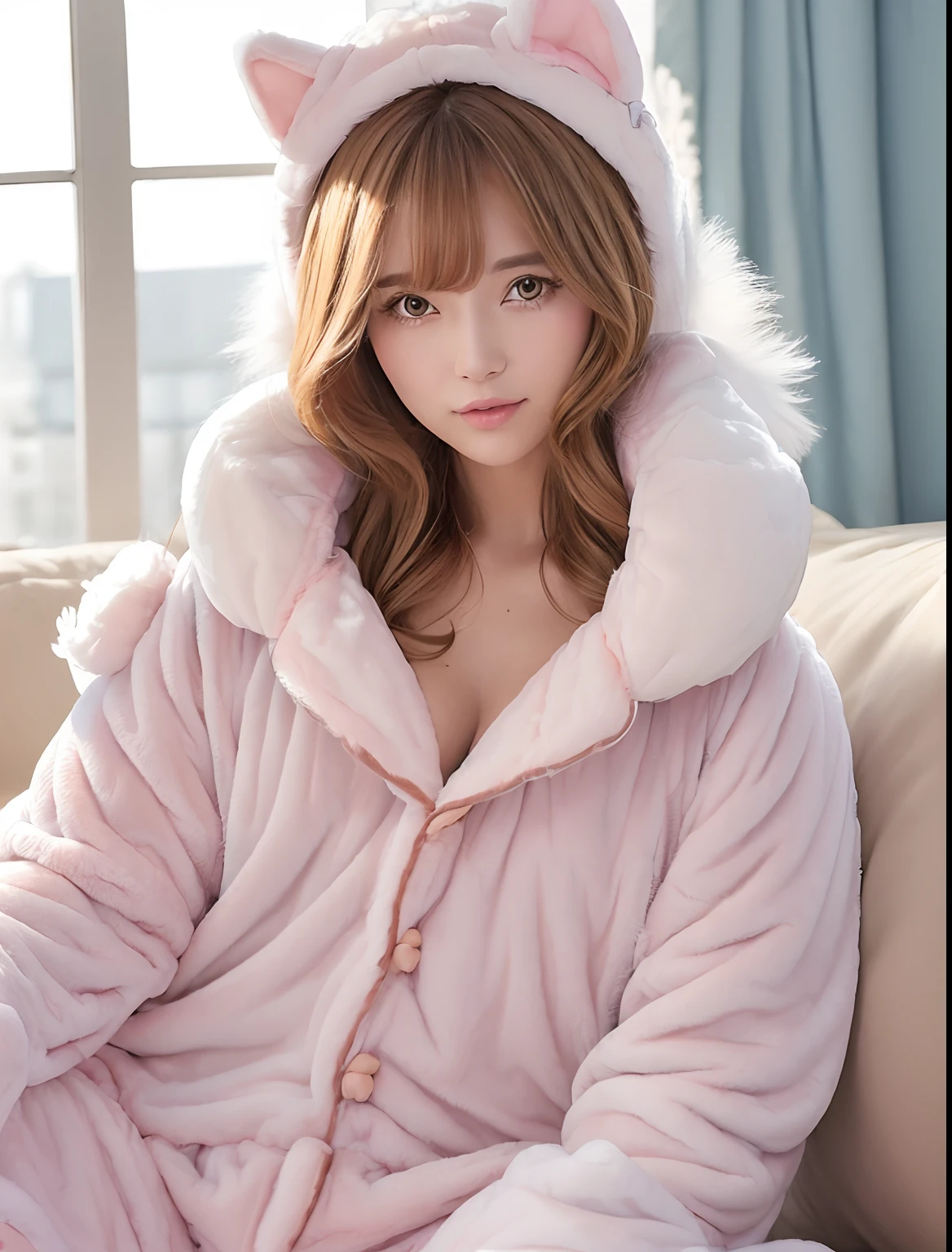 (Animal Food Costume, animal_hoods_s Pajamas:1.2,Pale Pink Animal Food Pajamas:1.3)、fullllbody、Bedroom、on the bed、Lots of pillows、Lots of stuffed animals、Pile of pillows、Gau's Pose、Lion Pose、Very beautiful details on all fours、（Very realistic skin）、Very beautiful skin、（Underwear）、absurderes、Very attractive、超A high resolution、A hyper-realistic、high-detail、the golden ratio、the golden ratio、the golden ratio、Beauty、Beauty、Beauty, blured background