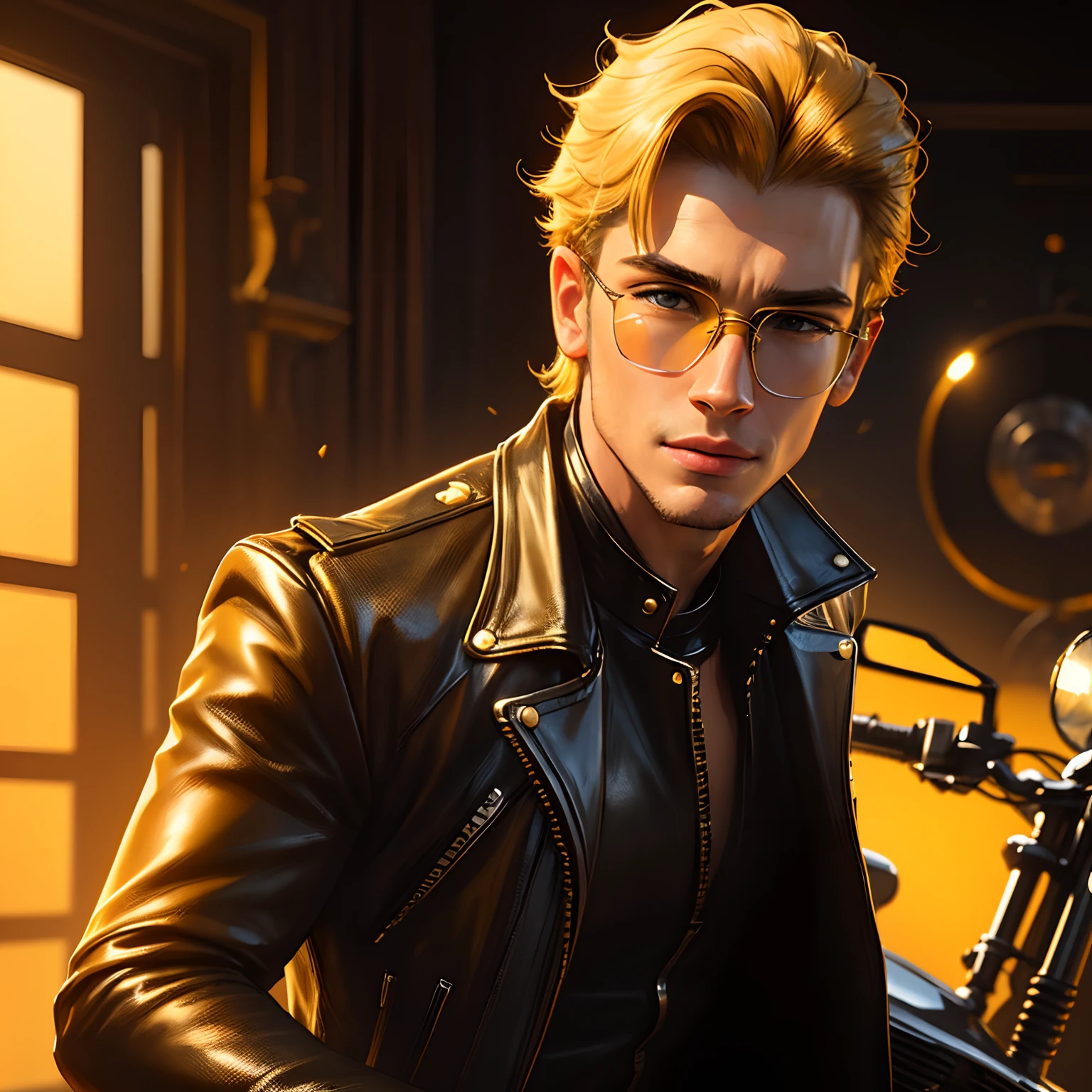 handsome young man with golden hair and golden glasses, wearing a leather motorcycle suit, hd portrait, yellow warm light background