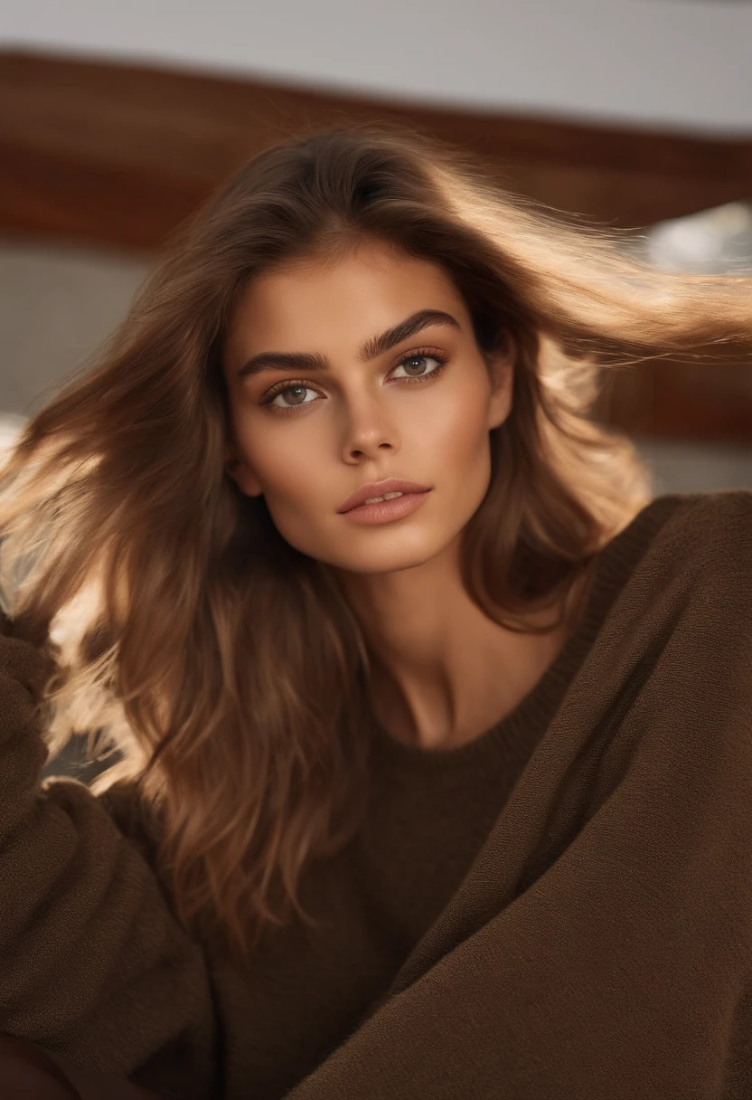Arafed mujer, Tight sweatshirt, Chica sexy con ojos marrones, Retrato de Kaia Gerber , brown hair and large eyes, selfie de una mujer joven, Ojos Dormitorio , sin maquillaje, Maquillaje natural, staring directly into camera, cara con artgram, maquillaje fino, Impressive long-lasting shot, En el gimansio,
