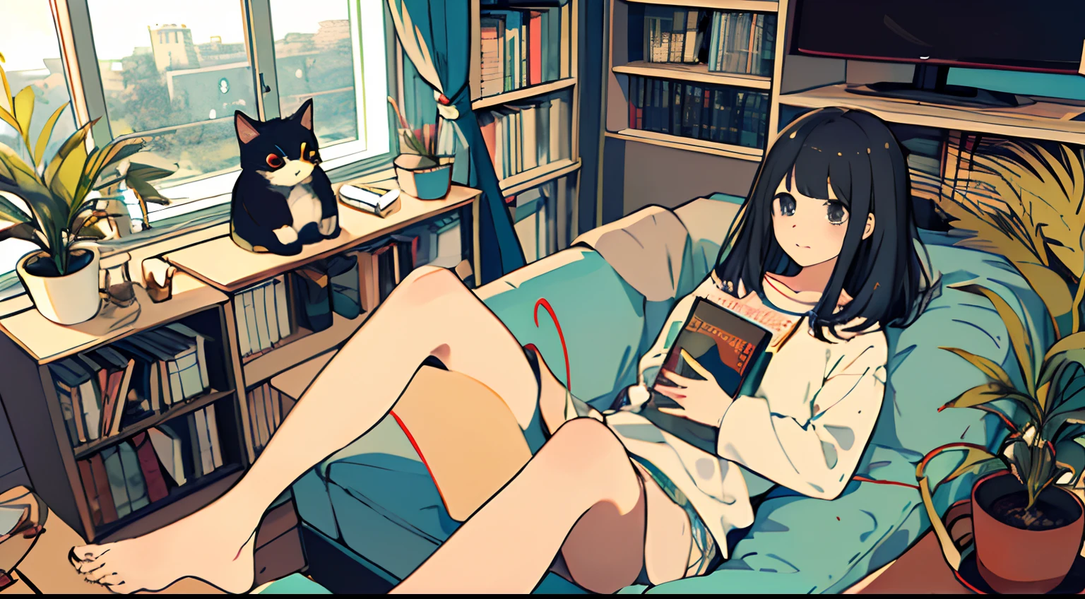 a girls, from above, plant, black hair, cat, lying, indoors, holding, long sleeves, long hair, stuffed toy, potted plant, book, food, window, phone, loaded interior, television, short hair, on back, stuffed animal, bangs, slippers, barefoot, sitting, bookshelf, shelf, cable, computer