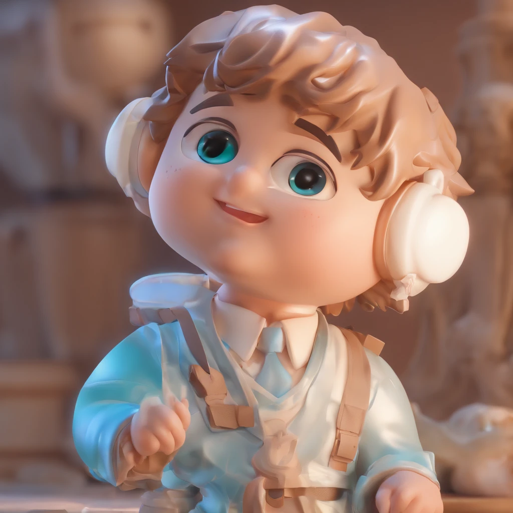 cute boyIP by pop mart, Bright eyes, cherub,Little white dress, Clay, Models, a blind box toy, Glossy and delicate,Clean background, Good gloss, 3D rendering of,Best quality