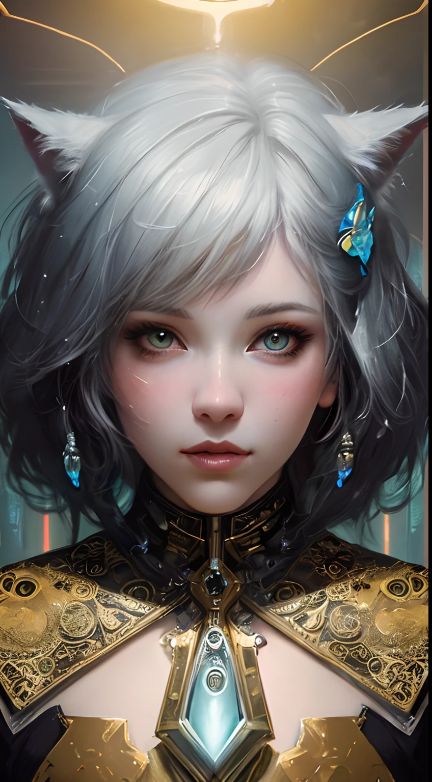 stunning photorealistic portrait photograph of a beautiful cyberpunk catgirl, albino, white shapeless cyberpunk hair, white eyebrows, full body, baroque intricate cyber armor, hyperdetailed painting, luminism, Bar lighting, complex, 4k resolution concept art portrait by Greg Rutkowski, Artgerm, WLOP, Alphonse Mucha, little fusion, realistic fantasy, fractal isometrics details bioluminescence, beautiful awesome, 3d render, octane render, intricately detailed, cinematic, trending on artstation | Isometric | Centered hypereallistic cover photo awesome full color, hand drawn, dark, gritty, realistic mucha, klimt, 12k