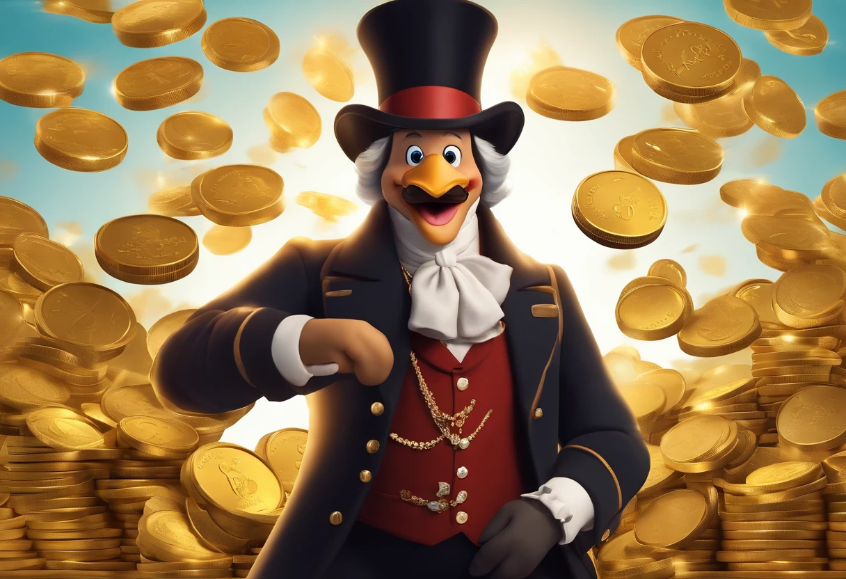 Happy man in a top hat and coat standing on a pile of gold coins, homem rico na vida real, disney 8 k foto, Charlatanismo, ostentando sua riqueza, Alexey Egorov, com muitas moedas de ouro, inspirado em Carl Barks, inspirado por Joseph Ducreux, inspired by Jacob Duck, super rico feliz pepe