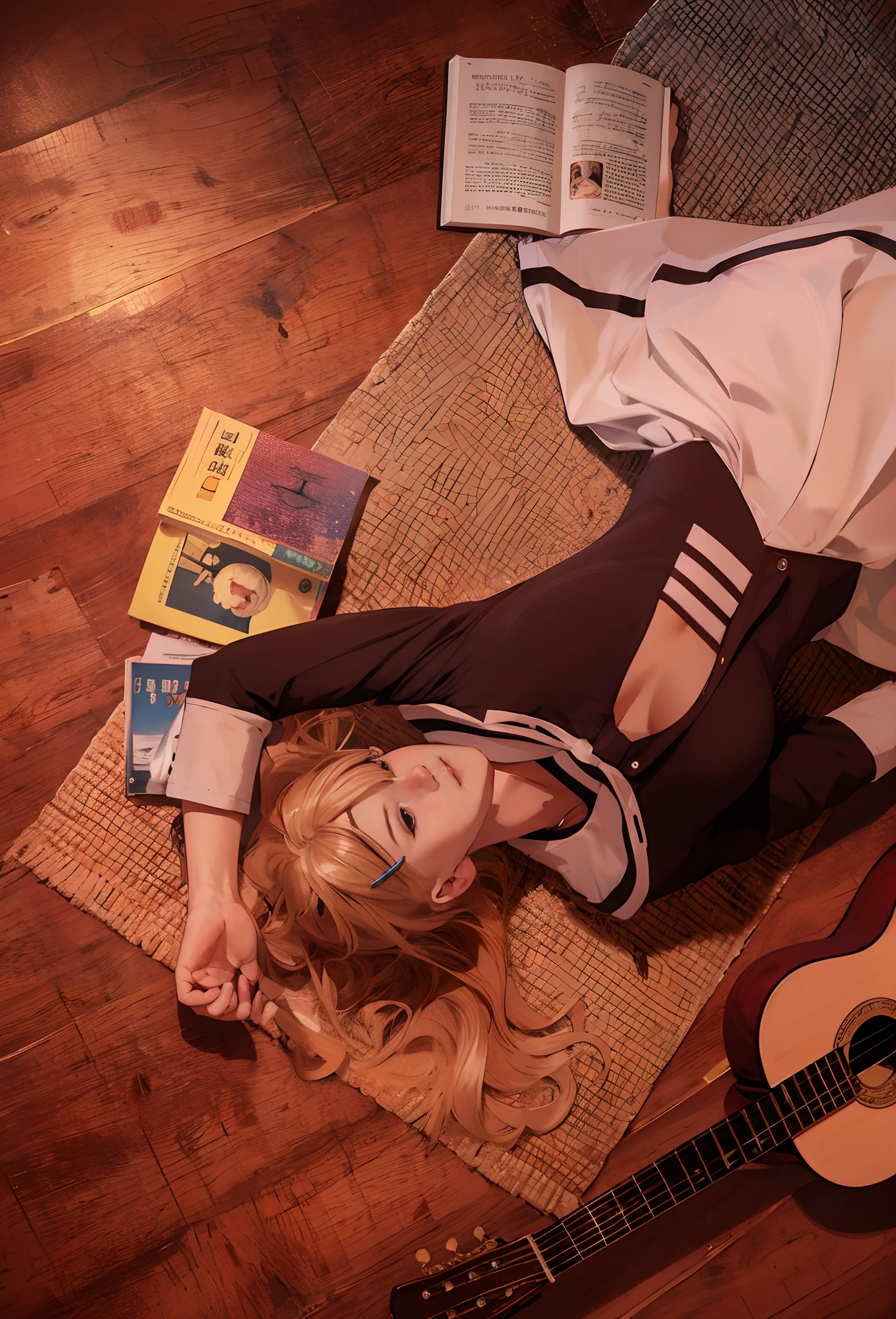 Blonde woman lying on the floor with guitar and books, Ayaka Cosplay, captured on canon eos r 6, too, cosplay photo, Anime Peripherals, Anime Girl Cosplay, cosplay of a catboy! maiden! Dress, style anime, mixed with Fujifilm, Rena Nounen Style 3/4, in a medium full shot, publicity cosplay, bottom angle