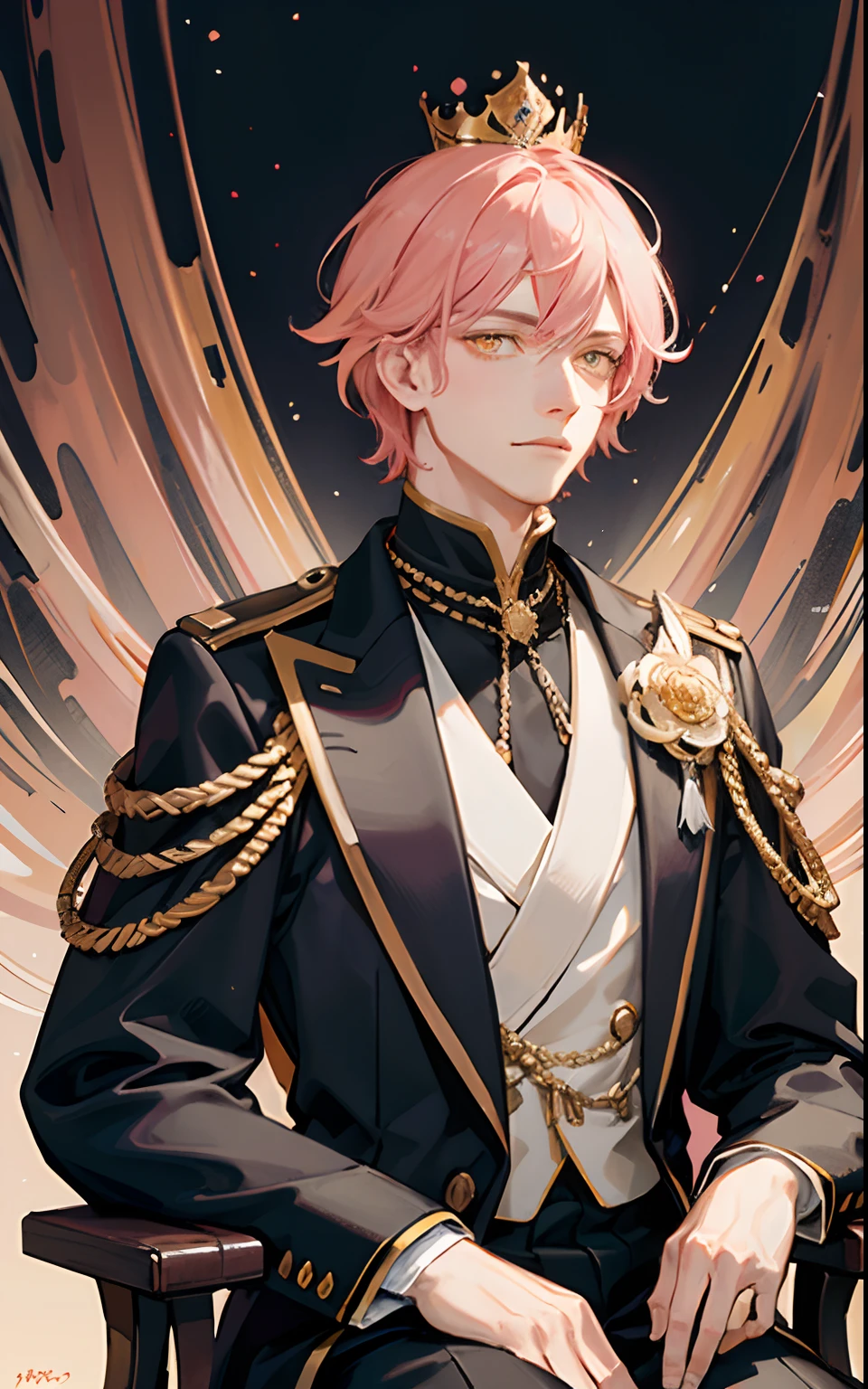 masterpiece, top quality, best quality, official art, beautiful and aesthetic:1.2),  (1man), male, teen man, young man, man of 16, extreme detailed,(fractal art:1.3),colorful,highest detailed, pink hair, short hair, yellow golden eyes, highly detailed eyes, glowing golden eyes, prince, thin, sitting, holding crown, abstract dark background, upper body