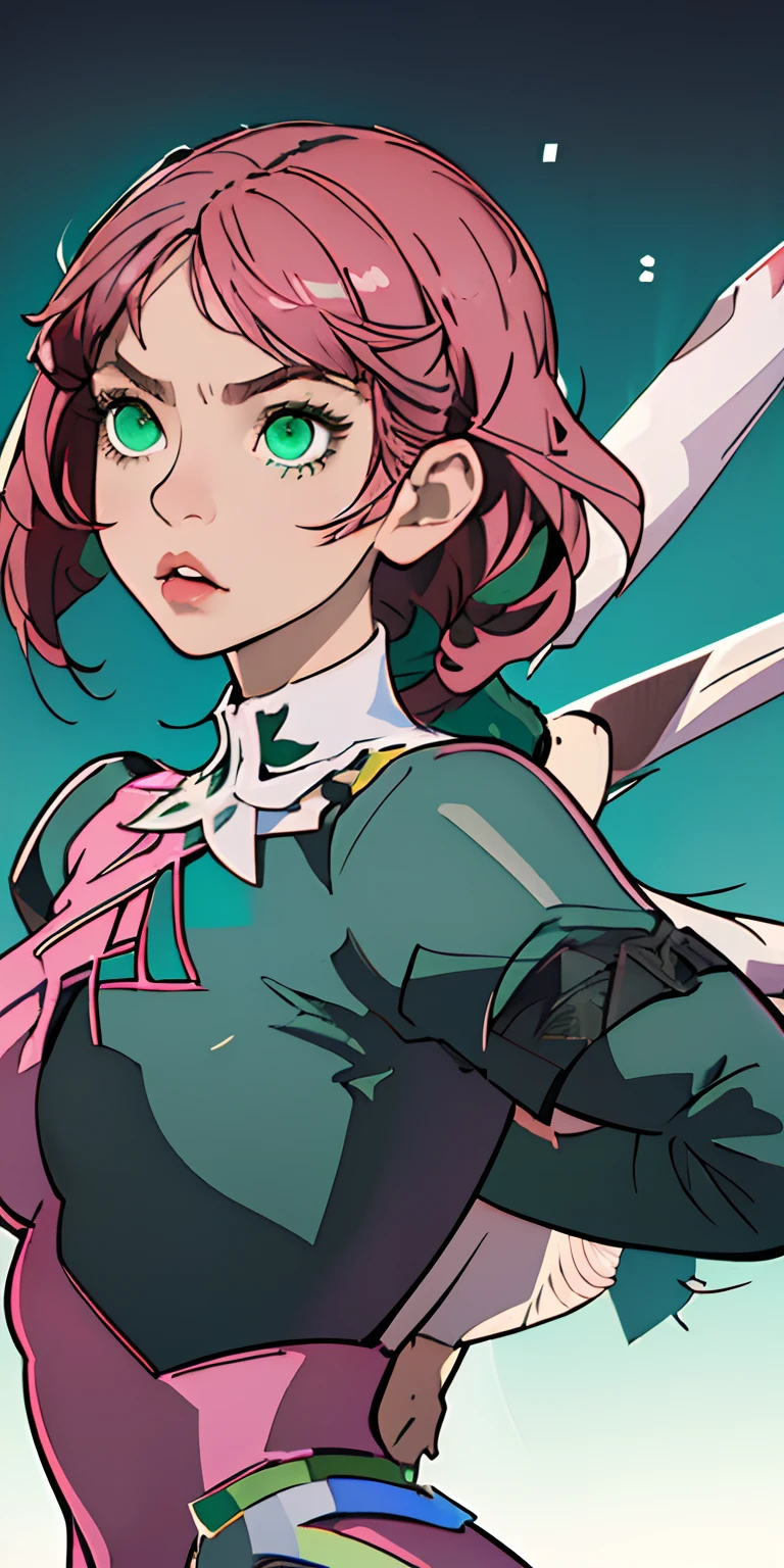 Alisa Rosto bonito, olhando para o espectador, Symmetrical perfect green eyes, cabelo curto rosa multicor, mechanical wings, fundo desfocado, parte superior do corpo, contemporary, vestido, altamente detalhado, illustration, tekken