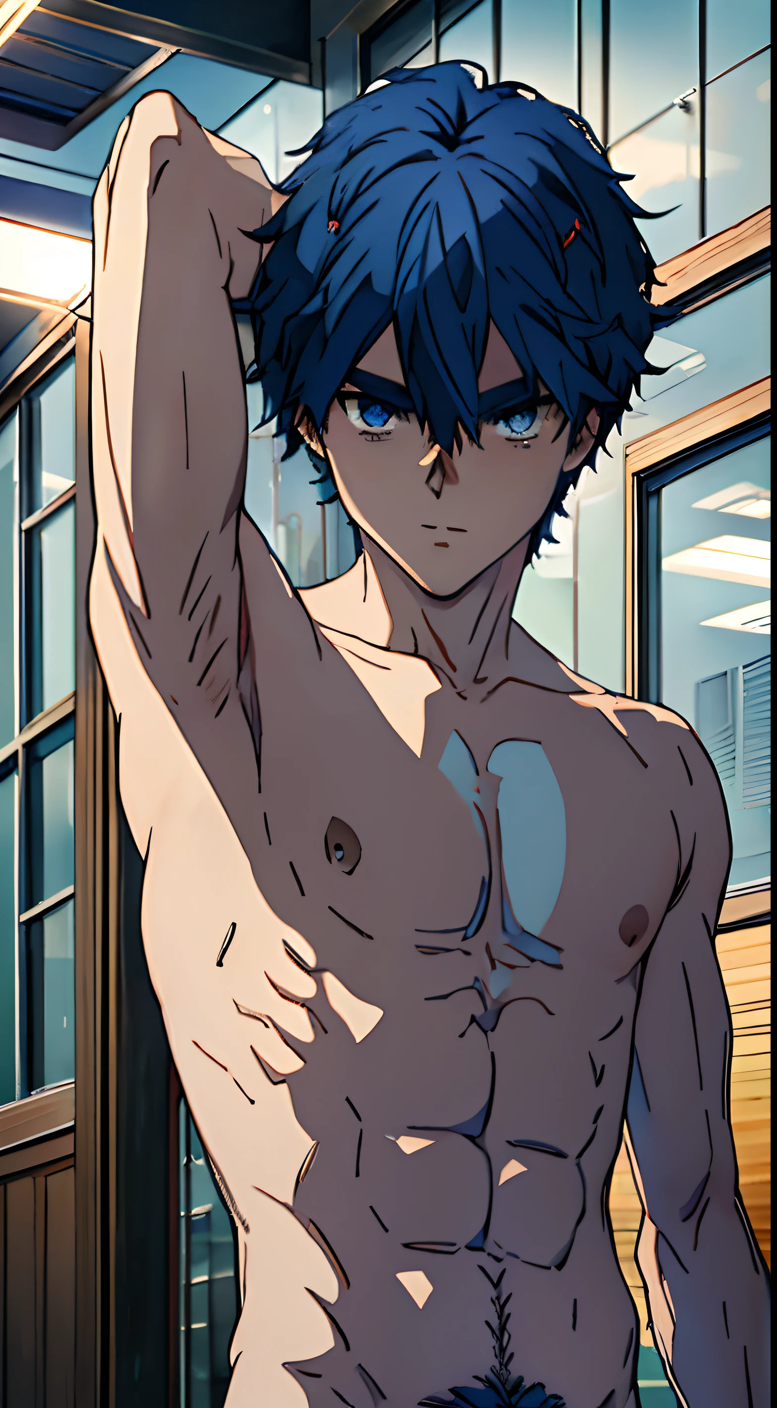 masterpiece, best quality, high quality, 1boy, solo, male focus, looking at viewer, upper body, yui, winter, ligh blue eye, blue hair, slim body, short body, (shirtless, topless, bare chest), armpit, show his armpit