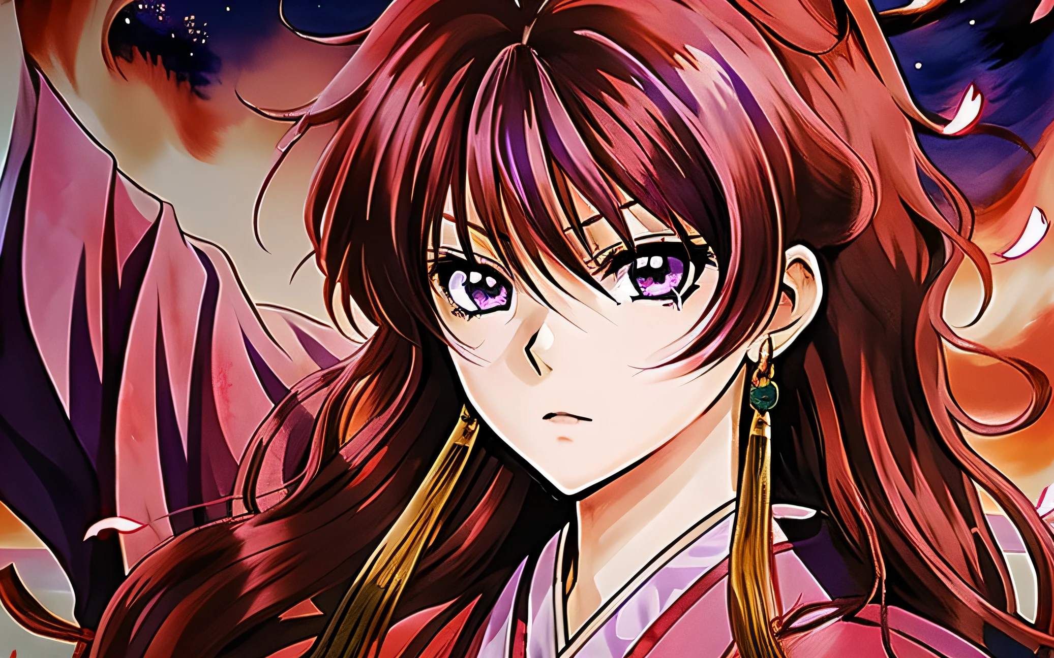 anime girl with red hair and purple eyes staring at the camera, wearing an imperial pink kimono, close up of akatsuki no yona, :14 90s anime style, ancient japanese with a red flame dragon flying at the sky background, sunrise,