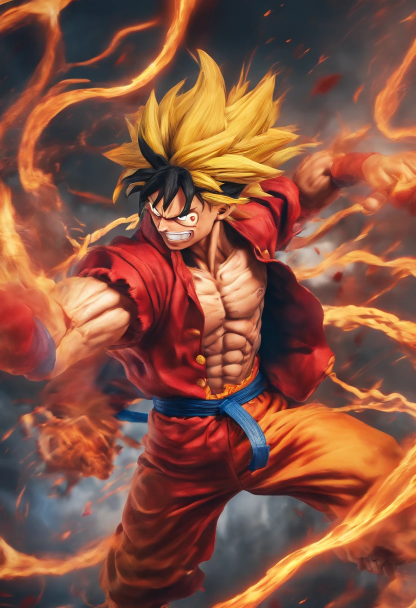 Realistic 3D rendering of luffy Super Saiyan with gear 5, rodeado de rayos, musculoso grande, Elastic Full Body Photography, Hiperrealista