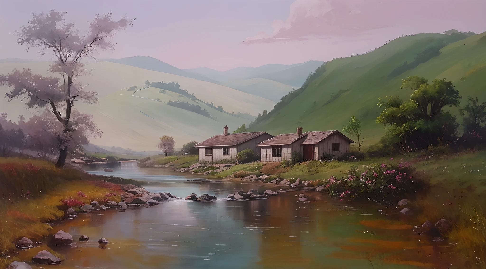 painting of a small house with a running stream ,com montanhas ao fundo,super realista 8k e um homem de meia idade, hat on head, A guitar on the back composing the landscape