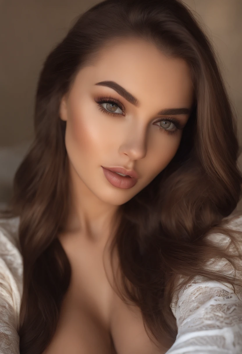 Arafed woman completely , fille sexy aux yeux bruns, ultra realist, Meticulously detailed, Portrait Sophie Mudd, cheveux bruns et grands yeux, selfie of a young woman, Dubai Eyes, Violet Myers, sans maquillage, maquillage naturel, looking straight at camera, Visage avec Artgram, Maquillage subtil, Great photo of the whole body kneeling on the bed, dans la chambre, Medium to large bust, hispanic