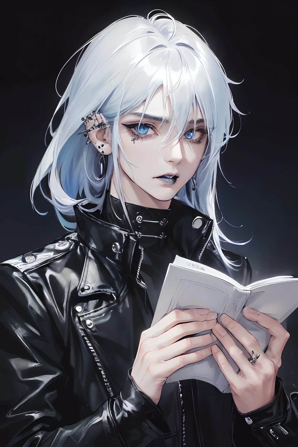 cover for a book, photography of a sexy man, a solo man, (((man))), (masculine face), 40 years old, demon, bad boy, (blue eyes), expressive look, blue and white hair, white bangs, black lips, (((piercings))), (ear piercings), (gotjic style), japanese style, ((((visual kei))), (((dark background))), shine hair, unshaven, black clothes, long sleve jacket, super detailed face, perfect body, perfect shapes, realistic image, award winning photography, 8k, (((perfect shiny eyes)))