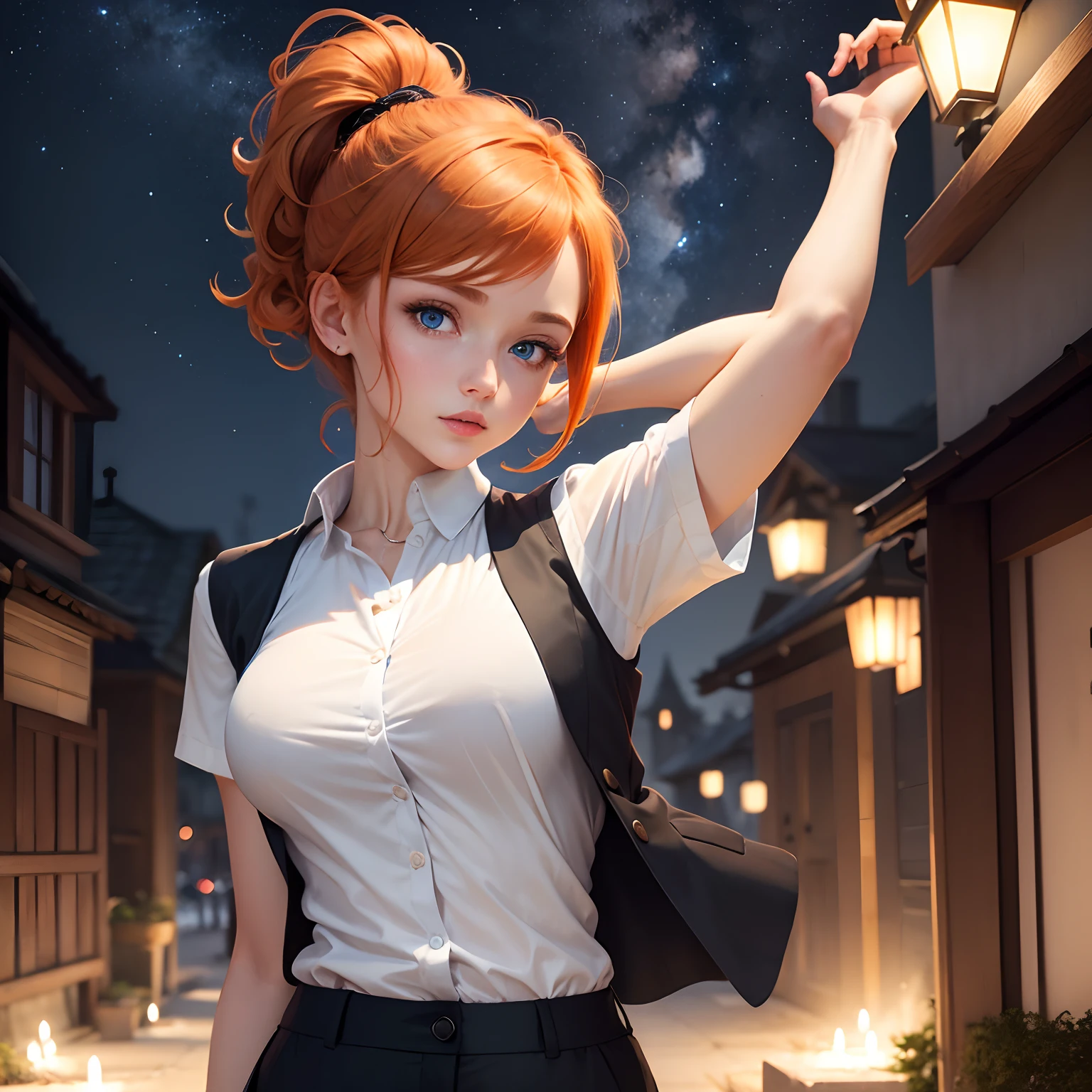 Masterpiece, girl looking in the night sky, short ginger hair with short low ponytail, beautiful blue eyes, beautiful body, white shirt and black trousers, gray classic vest