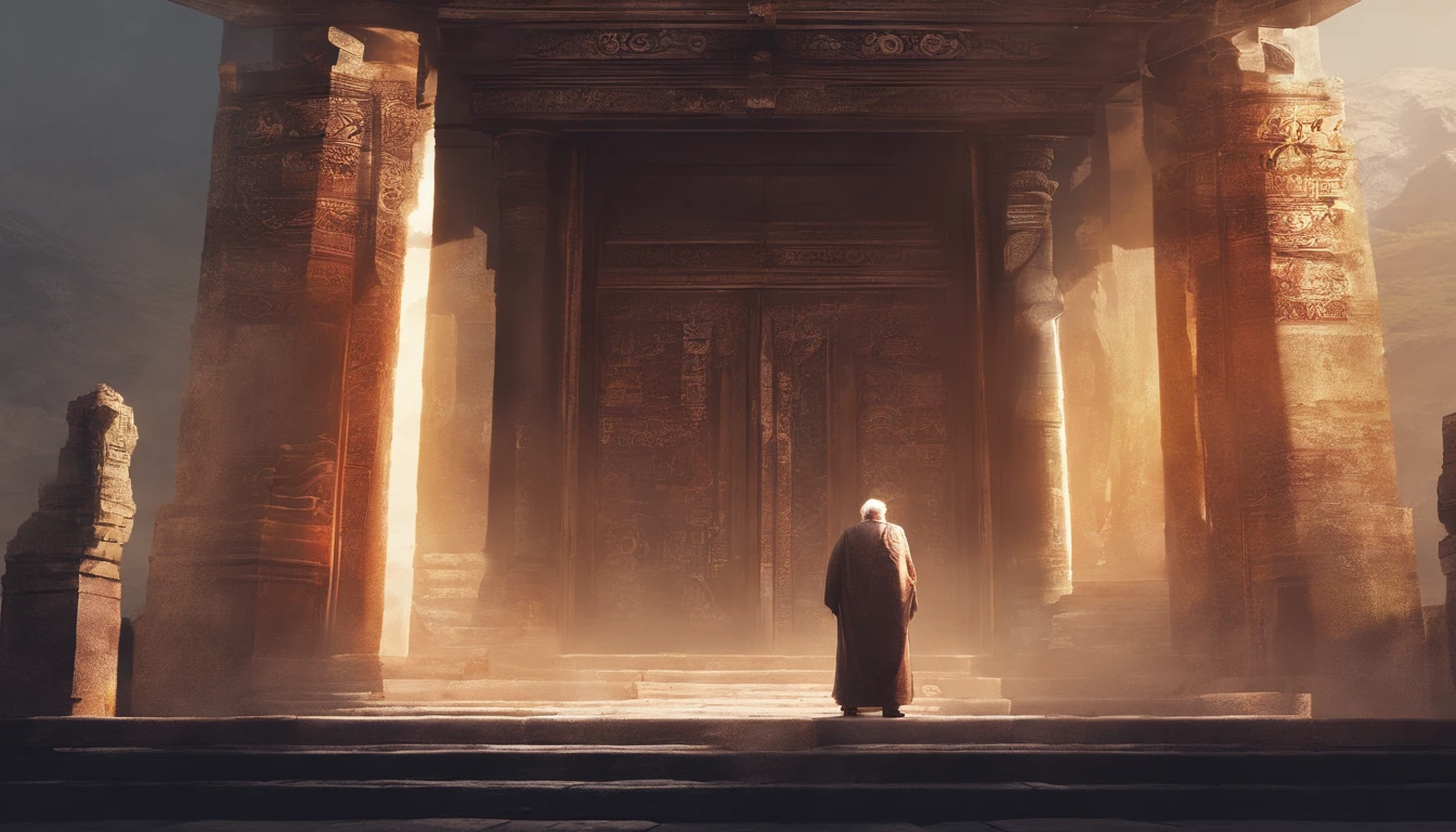 Wise old man stands in front of the door of a temple, At the entrance several people talking