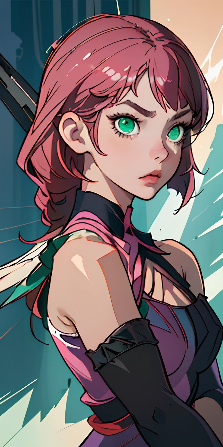 Alisa Rosto bonito, olhando para o espectador, Symmetrical perfect green eyes, cabelo curto rosa multicor, mechanical wings, fundo desfocado, parte superior do corpo, contemporary, vestido, tekken