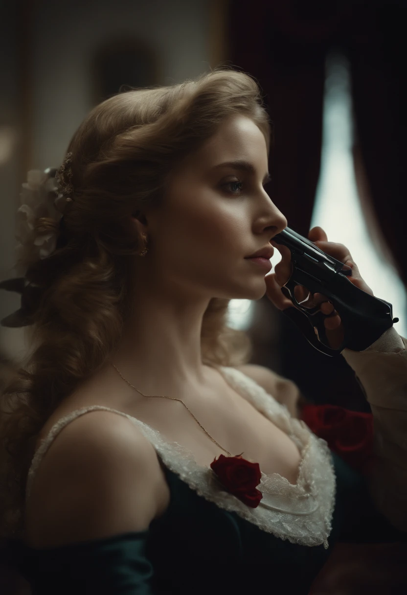 1girl, ((Made by Burgerkiss)),((A Napoleon Bonaparte|Absol))putting a pistol to his head and sad, cinematic