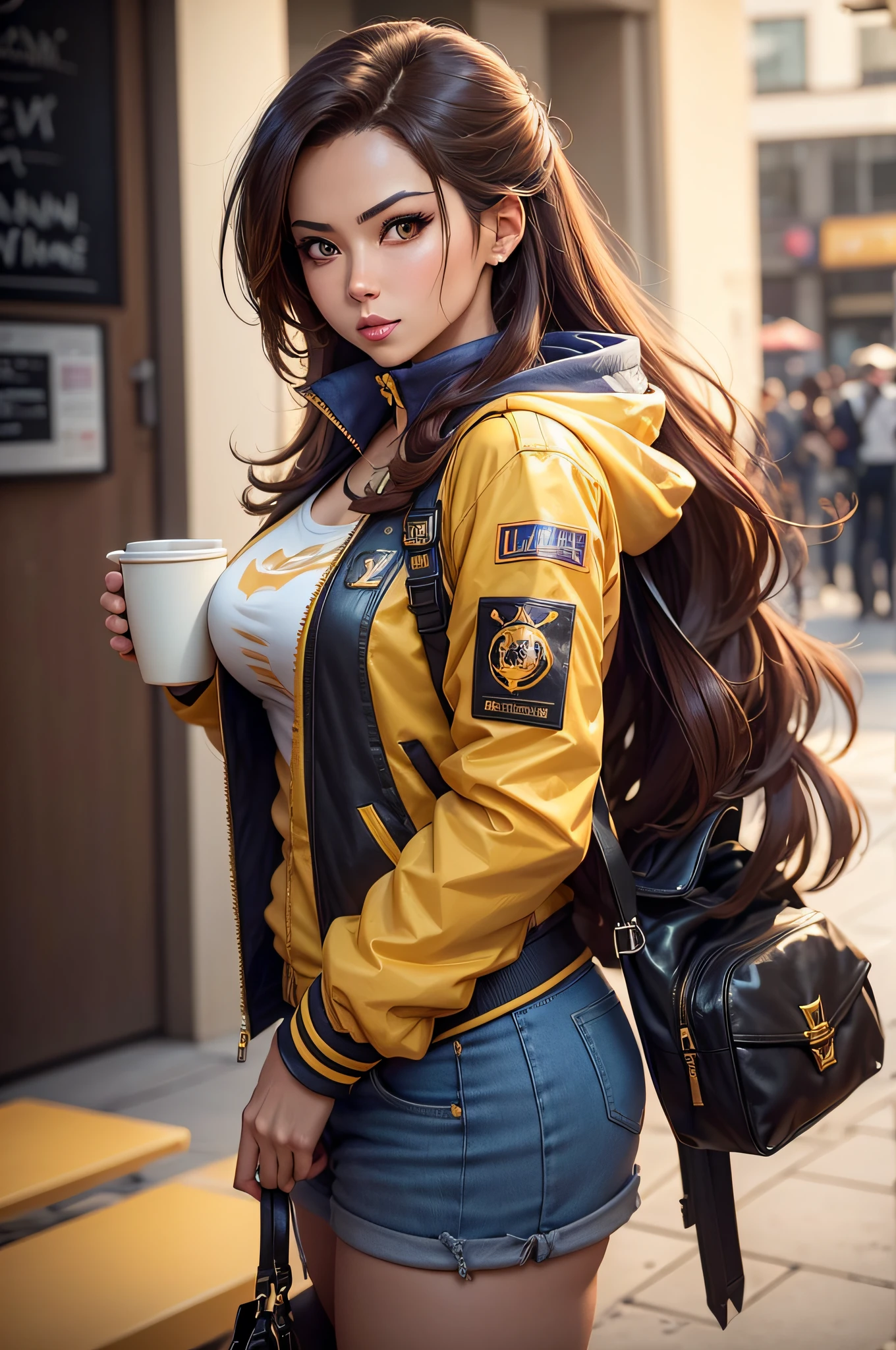 a woman in a yellow jacket holding a cup of coffee, extremely detailed artgerm, anime girl drinks energy drink, senna from league of legends, lovely brigitte from overwatch, brigitte from overwatch, ruan jia and artgerm, trending artgerm, faye valentine, like artgerm, range murata and artgerm, ig model | artgerm