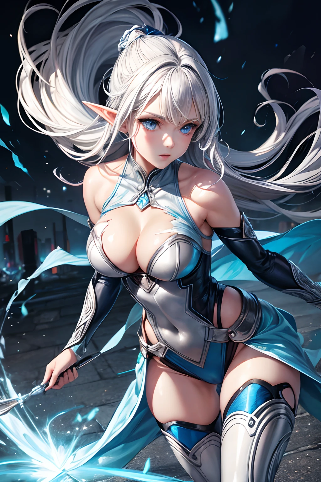 dynamic series of drawings showing a silver haired and blue eyed warrior elf girl., 8k, ultra high res, ultra detailed, hd,(well designed face), amazing face, (super detailed), beautiful eyes, soft lighting,, outdoors, streets,, URUSHISATO,1980s,, beautiful detailed eyes,mechanical parts, asymmetrical hair,thigh highs, latex suit,cleavage, damaged clothes, torn clothes