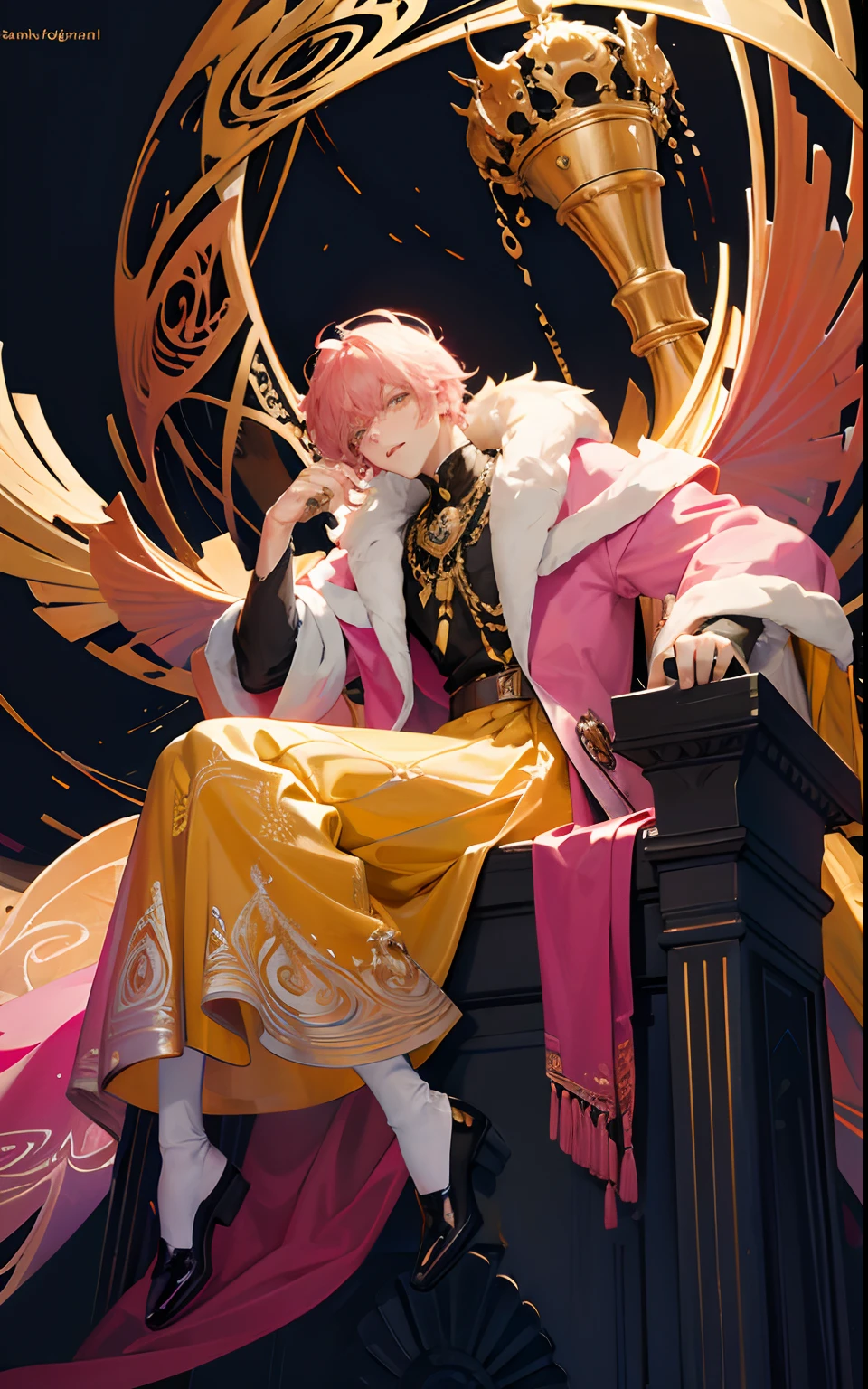 masterpiece, top quality, best quality, official art, beautiful and aesthetic:1.2), (1man), male, testosterone,  man, young man, man of 16, treme detailed,(fractal art:1.3),colorful,highest detailed, pink hair, short hair, yellow golden eyes, highly detailed eyes, glowing golden eyes, prince, thin, sitting, holding crown, abstract dark background