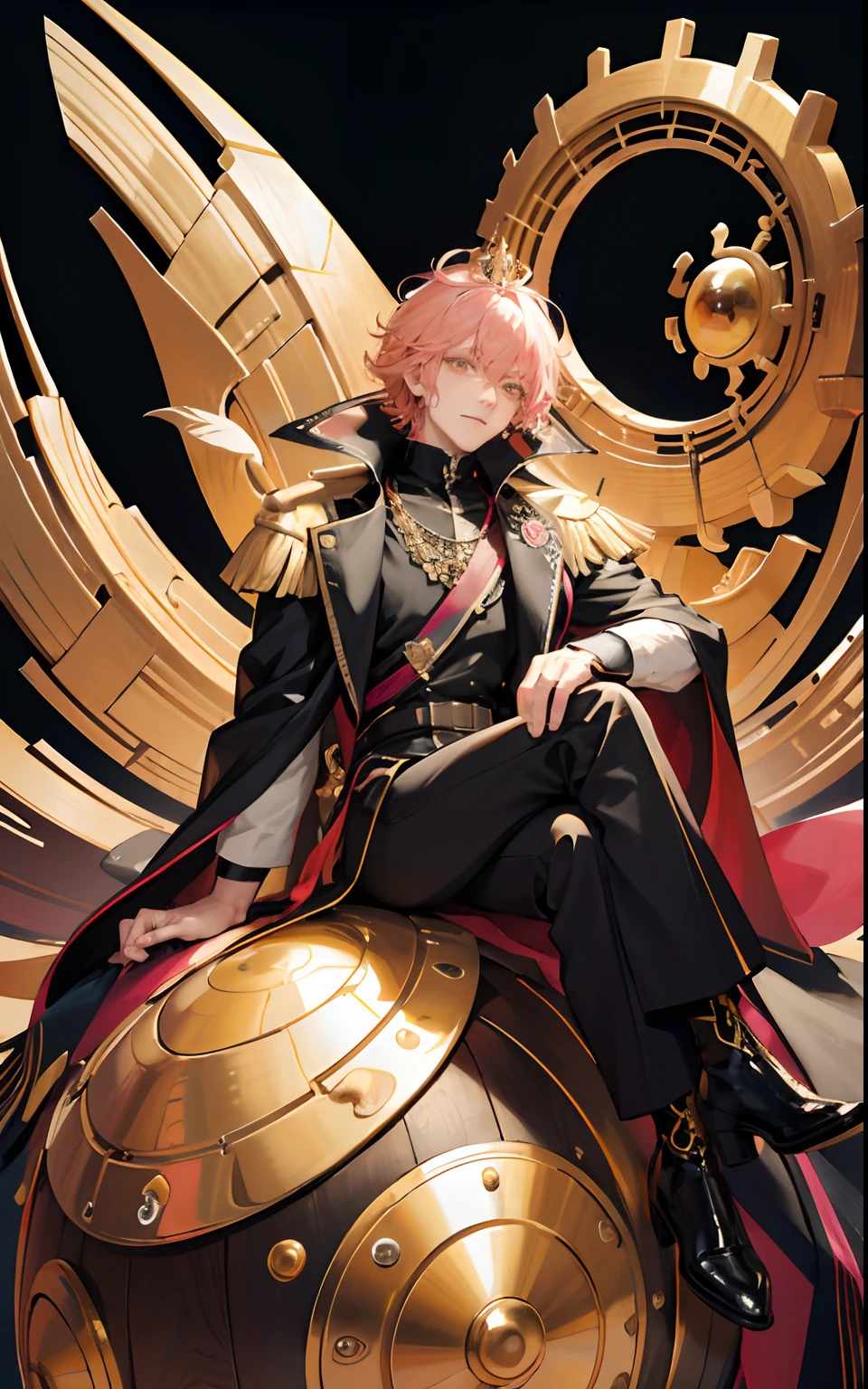 masterpiece, top quality, best quality, official art, beautiful and aesthetic:1.2), (1man), male, testosterone, teen man, young man, man of 16, extreme detailed,(fractal art:1.3),colorful,highest detailed, pink hair, short hair, yellow golden eyes, highly detailed eyes, glowing golden eyes, prince, thin, sitting, holding crown, abstract dark background