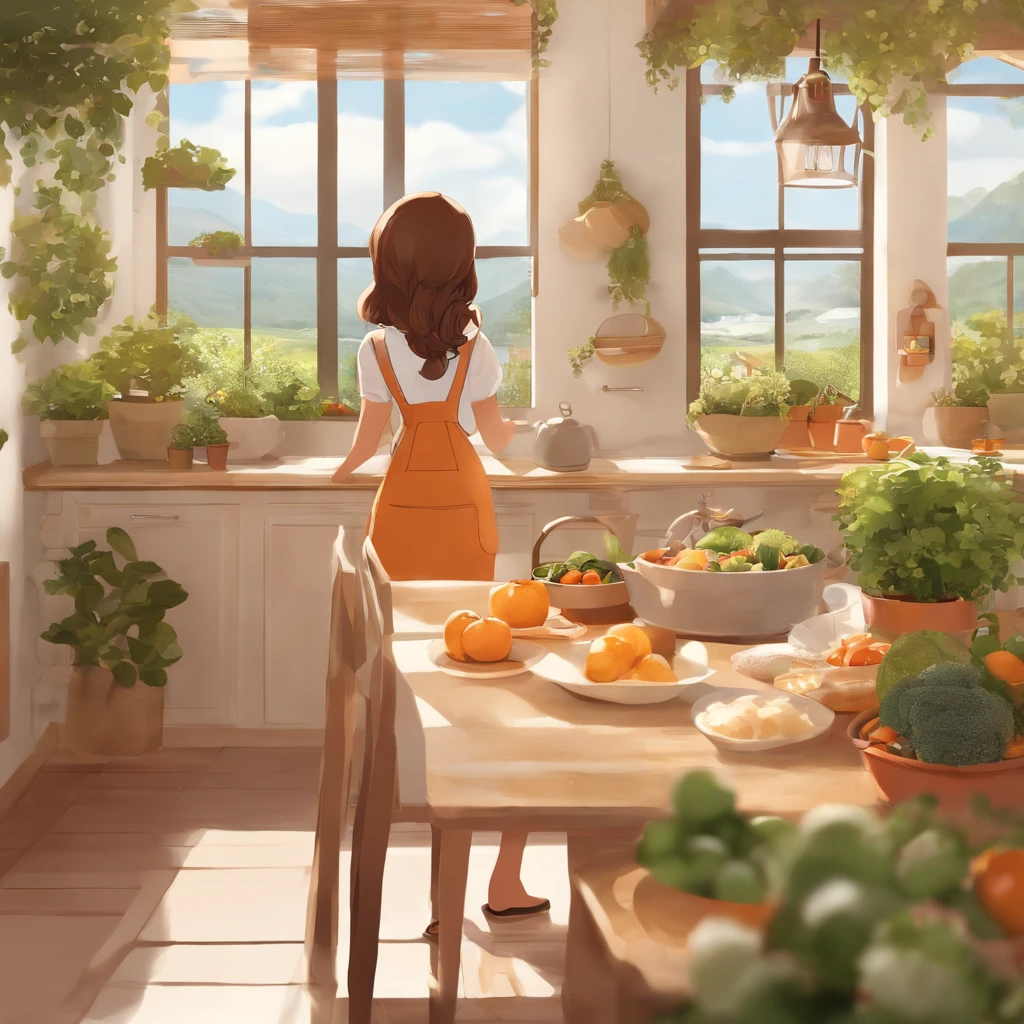 sombreamento estilo anime plano, mulher anime, Personagens no estilo anime, estilo anime plano,dona de casa、Tenha uma frigideira, brown hair, Pinafore, pose poderosa、Kitchin, anime poderosa,illustratio、fundo laranja、Vegetais、baby
