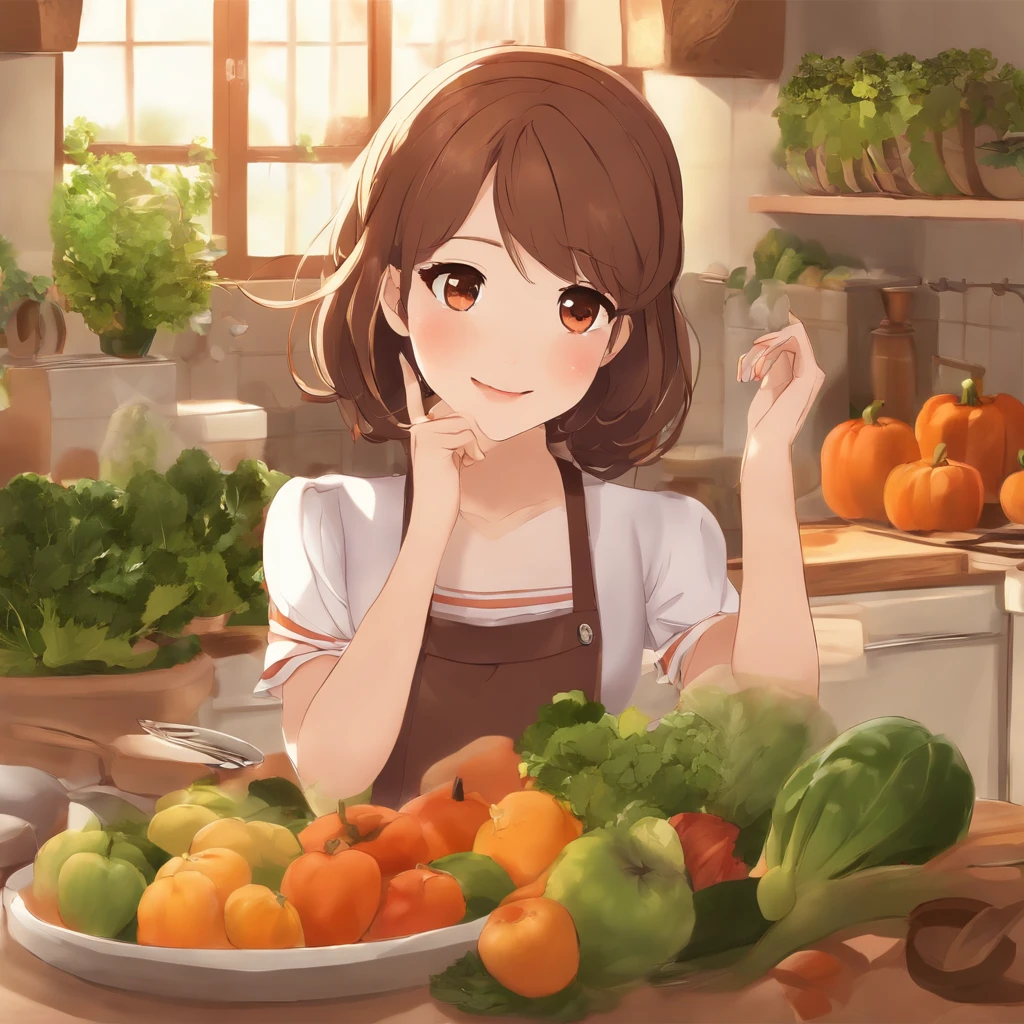 sombreamento estilo anime plano, mulher anime, Personagens no estilo anime, estilo anime plano,dona de casa、Tenha uma frigideira, brown hair, Pinafore, pose poderosa、Kitchin, Menina anime poderosa,illustratio、fundo laranja、Vegetais、