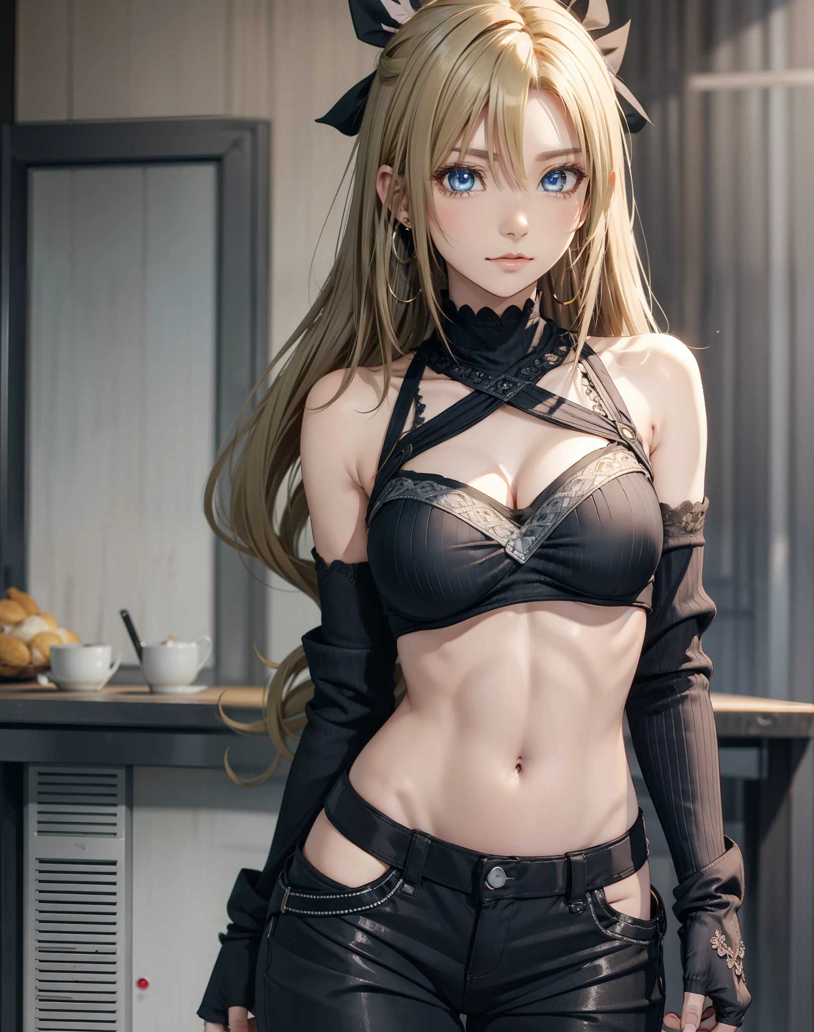 winryrockbell, winry rockbell, Beautiful eyes, blondehair, BREAK gloves, Navel, cleavage, Bare shoulders, 鎖骨, earrings, Midriff, Pants, Stomach, Bare arms, Strapless, bandana, Bandeau, Tube Top, grey gloves, Break indoors, BREAK looking at viewer, BREAK (masutepiece:1.2), Best Quality, High resolution, Unity 8k壁纸, (Illustration:0.8), (Beautiful detailed eyes:1.6), extra detailed face, Perfect Lighting, extremely details CG, (Perfect hands, Perfect Anatomy),