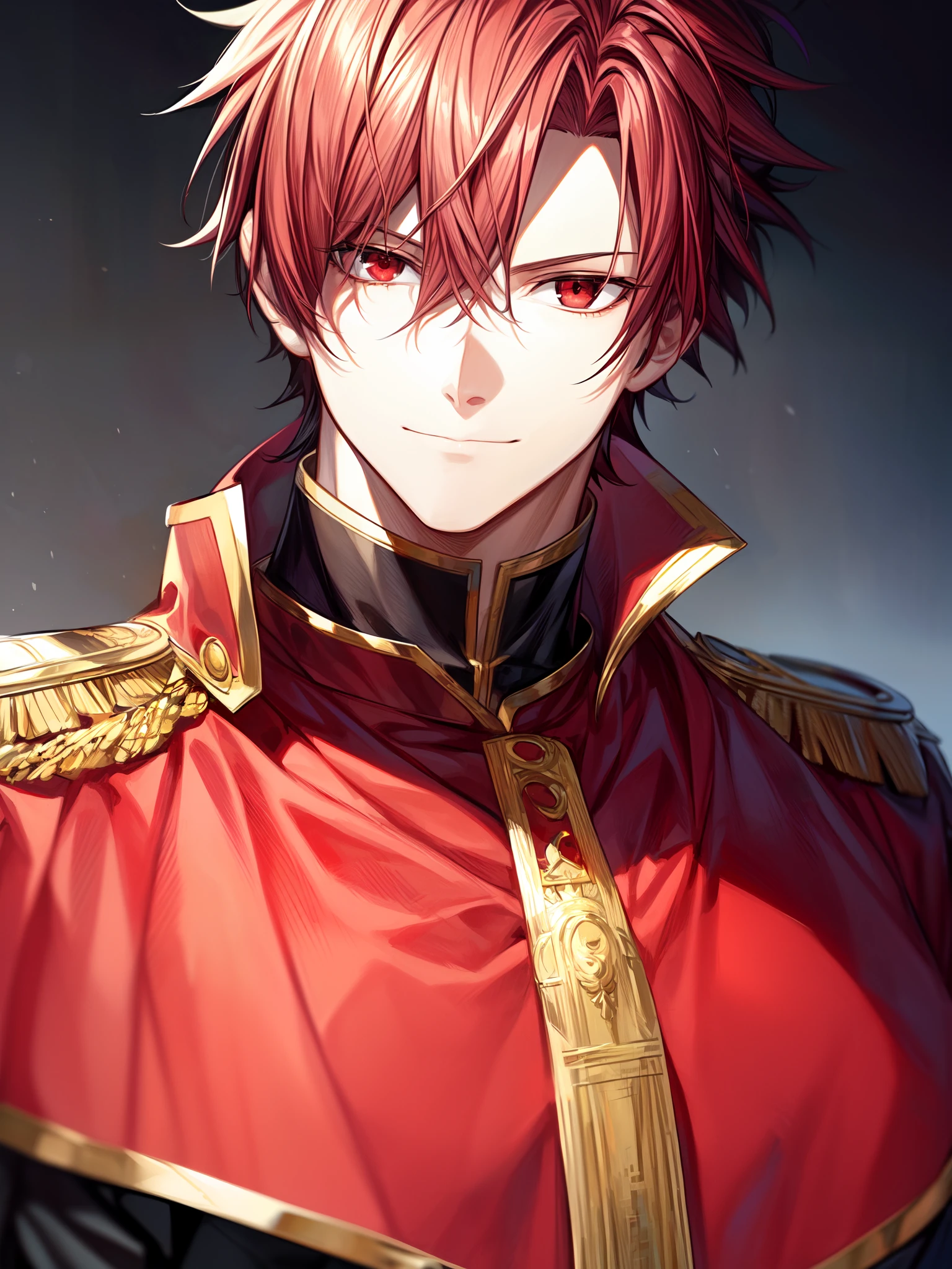 ((emperor clothing)), ((red capelet)), ((black clothes)), ((muscular male)), ((regal uniform)), ((adult male)), ((deep red eyes)), upper body, ((portrait)), ((calm expression)), ((closed smile)), ((dark red hair)), ((short spiked hair)), ((mature male)), ((complementary colors)), ((light skin)), 1boy, beautifully drawn, high resolution illustration, best quality, High definition, ((detailed anime sketch)), Masterpiece, (solo), absurdres, detailed background, fine detail, male focus, HDR,