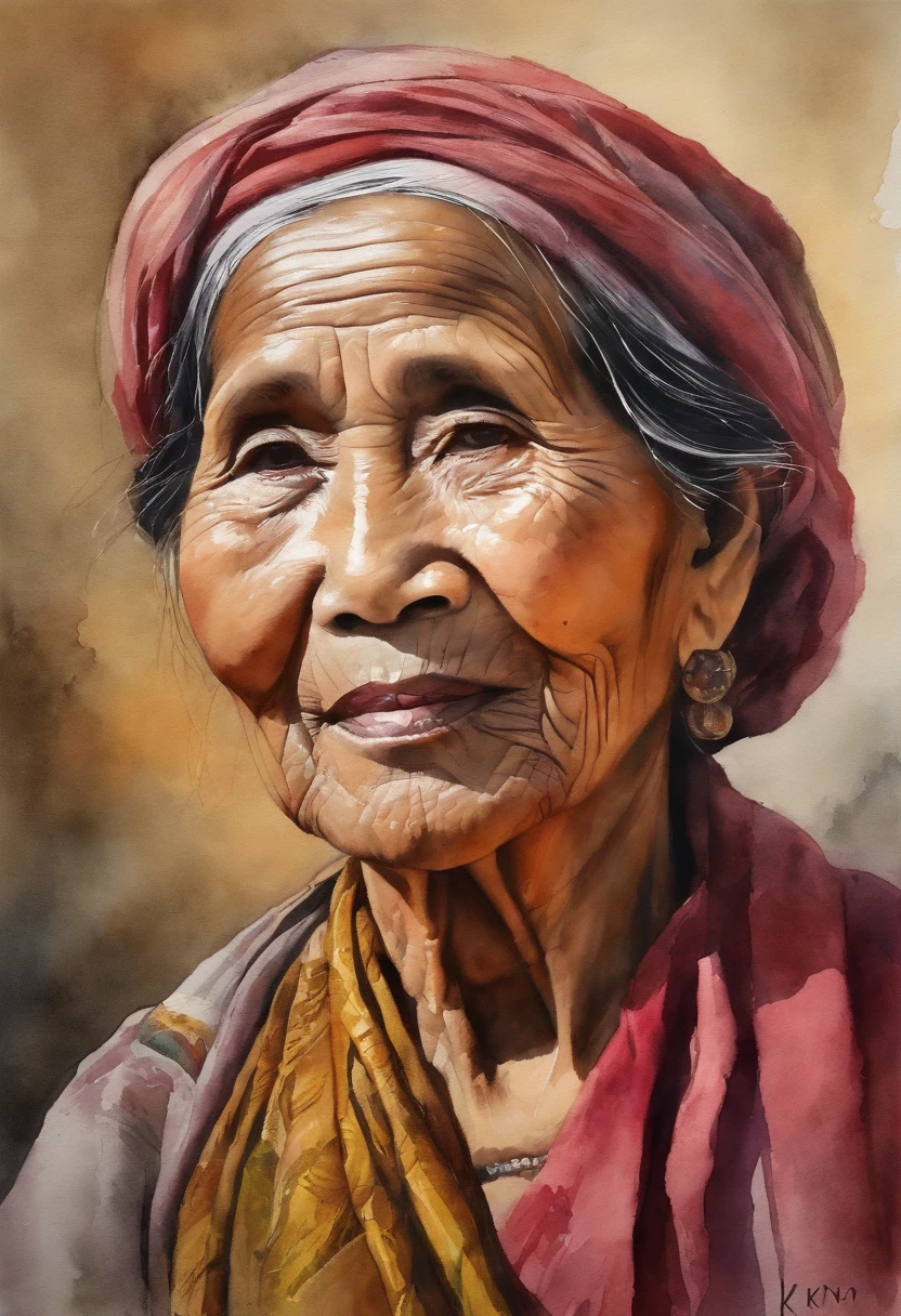 retrato em aquarela de (( Aung Sann Su Kyi )),  65 year old lady with calm look and wise appearance. flores no cabelo ...