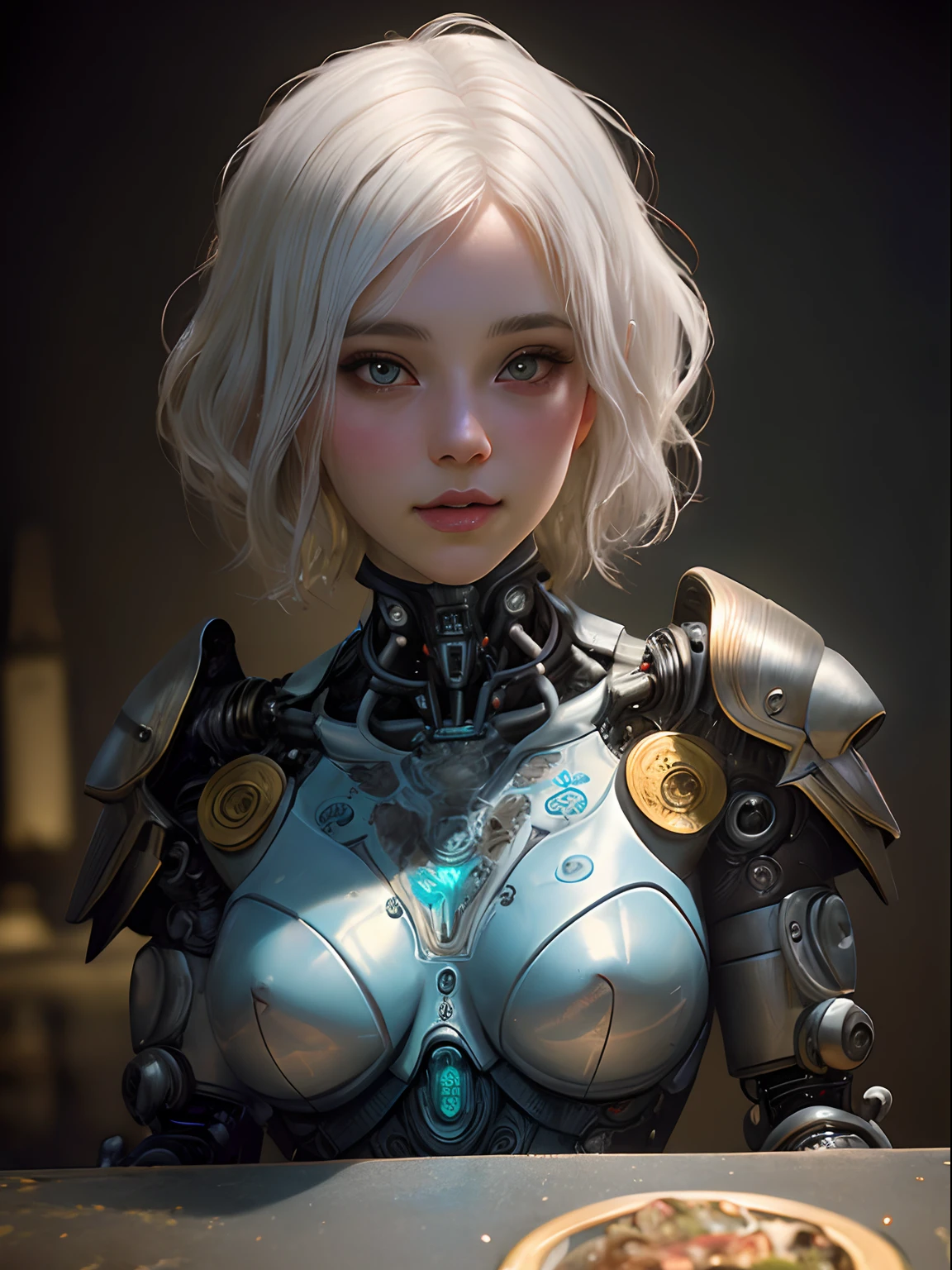 stunning photorealistic portrait photograph of a beautiful cyberpunk girl, albino, white shapeless cyberpunk hair, white eyebrows, baroque intricate cybernetic armor, hyperdetailed painting, luminism, Bar lighting, complex, 4k resolution concept art portrait by Greg Rutkowski, Artgerm, WLOP, Alphonse Mucha, little fusion, realistic fantasy, fractal isometrics details bioluminescence, beautiful awesome, intricately detailed, cinematic, trending on artstation | Isometric | Centered hypereallistic cover photo awesome full color, dark, gritty, realistic mucha, klimt, 12k