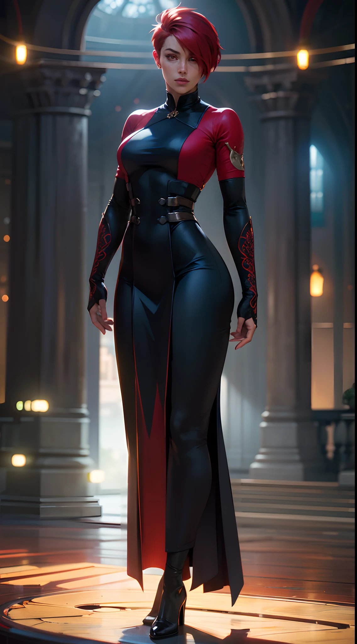 1woman in the style of Arcane, by Christian Linke and Alex Yee, anime screenshot, (full body pocture:1.6), red hair (half-shaved short haircut:1.2), red eyes, freckles, wearing a long dress, fight pose, (masterpiece, best quality, ultra realism, hyper detailed and intricate realism: 1.5), (high detailed skin:1.3), simple background, focus on character, Depth field, natural shading, RAW, highres, Canon EOS RP ,film grain, bokeh, lens flare, vibrant color,