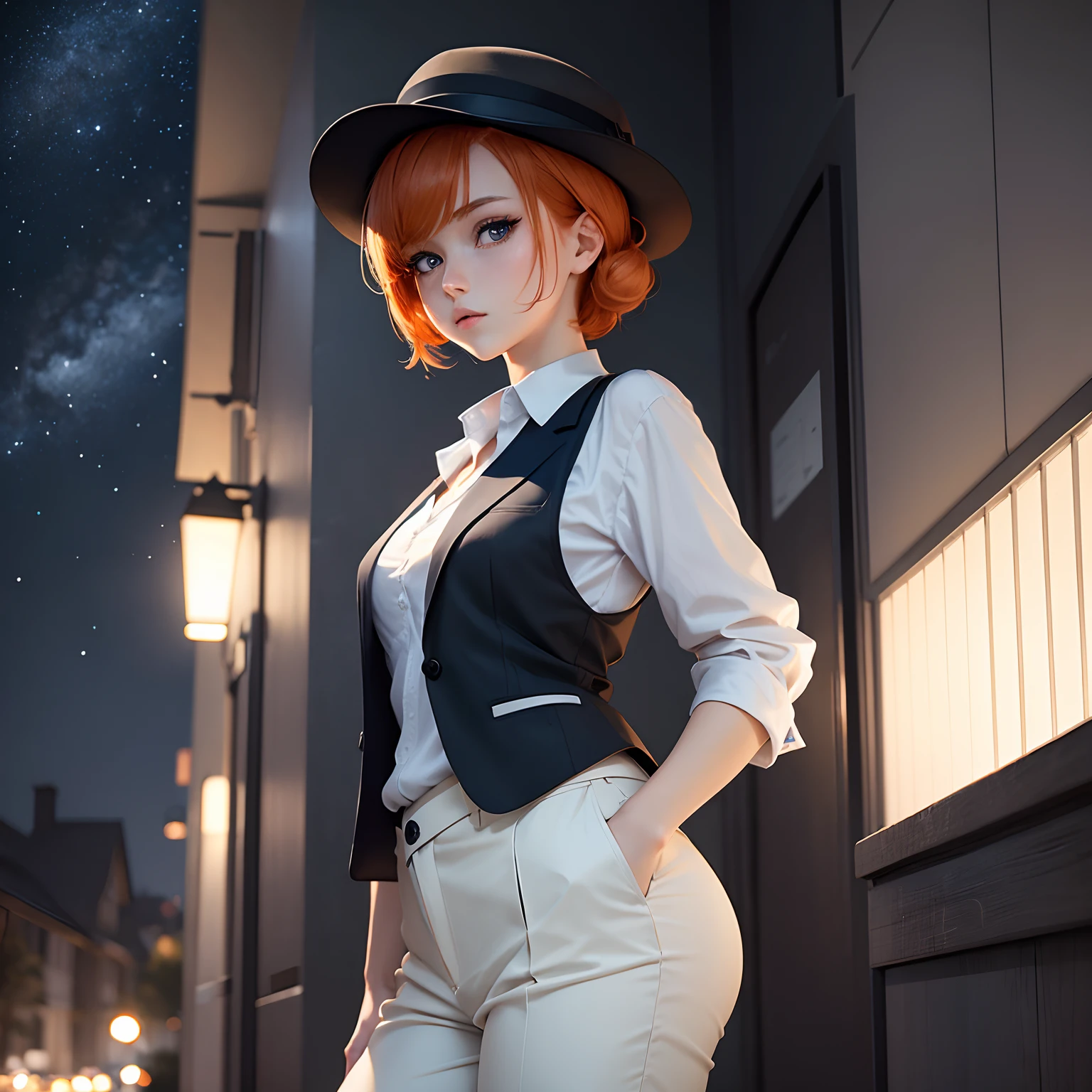 Masterpiece, anime girl looking in the night starry sky, short ginger hair with short low ponytail, beautiful big blue eyes, beautiful body, white shirt and black trousers, light gray classic vest, a little shy, black fedora hat, black coat