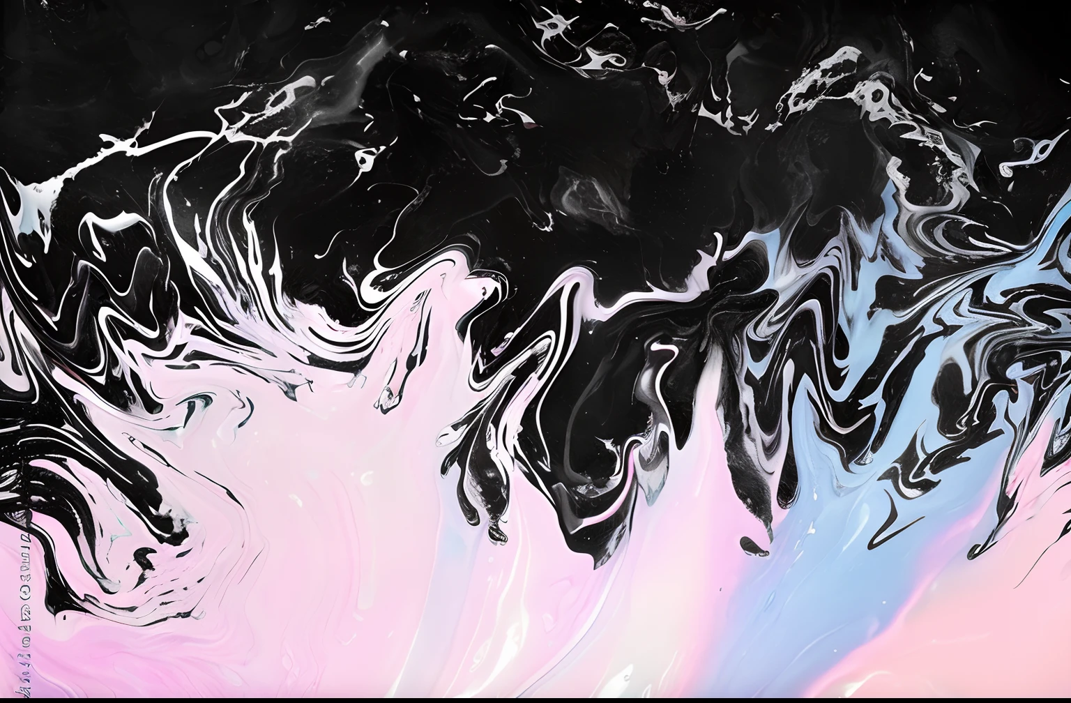 a close up of a black and white painting with a pink and blue background, abstract liquid acrylic art, abstract liquid, swirly liquid fluid abstract art, dripping black iridescent liquid, liquid marble fluid painting, black fluid simulation, abstract black oil, swirling liquids, liquid simulation background, opalescent night background, black paint flows down, swirling fluid